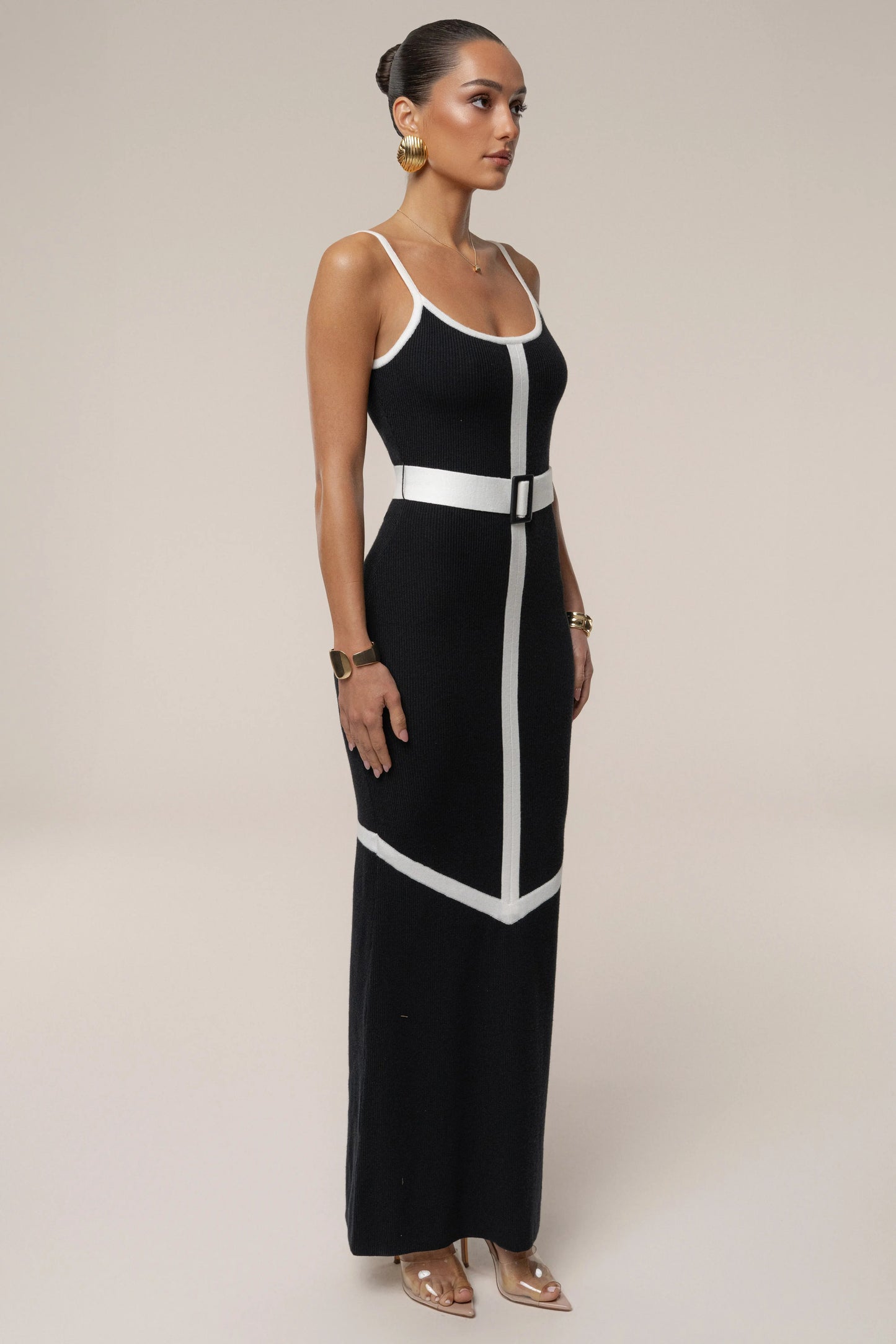Black/Ivory Belted Cami Maxi Dress JLUXLABEL