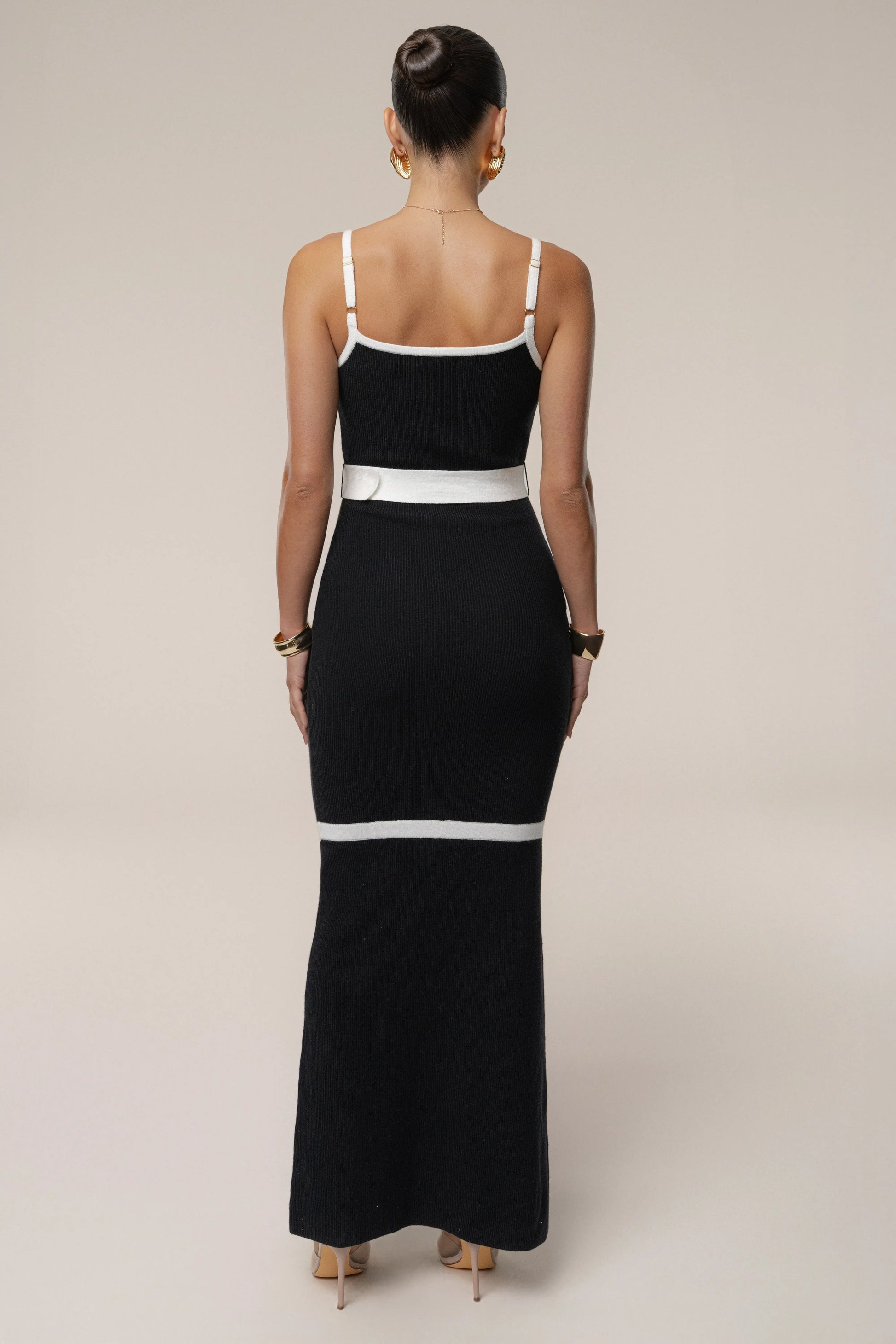 Black/Ivory Belted Cami Maxi Dress JLUXLABEL