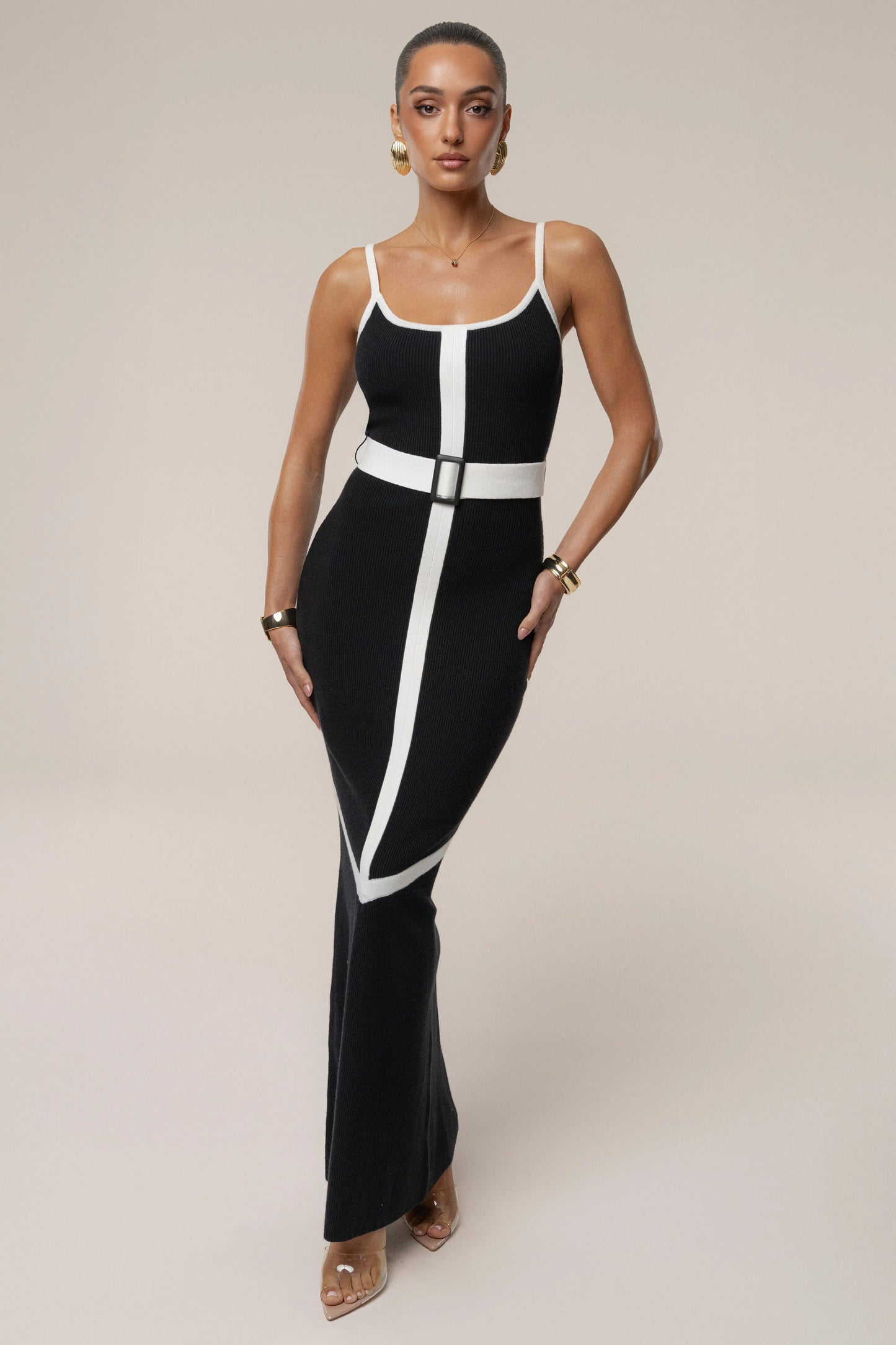 Black/Ivory Belted Cami Maxi Dress JLUXLABEL