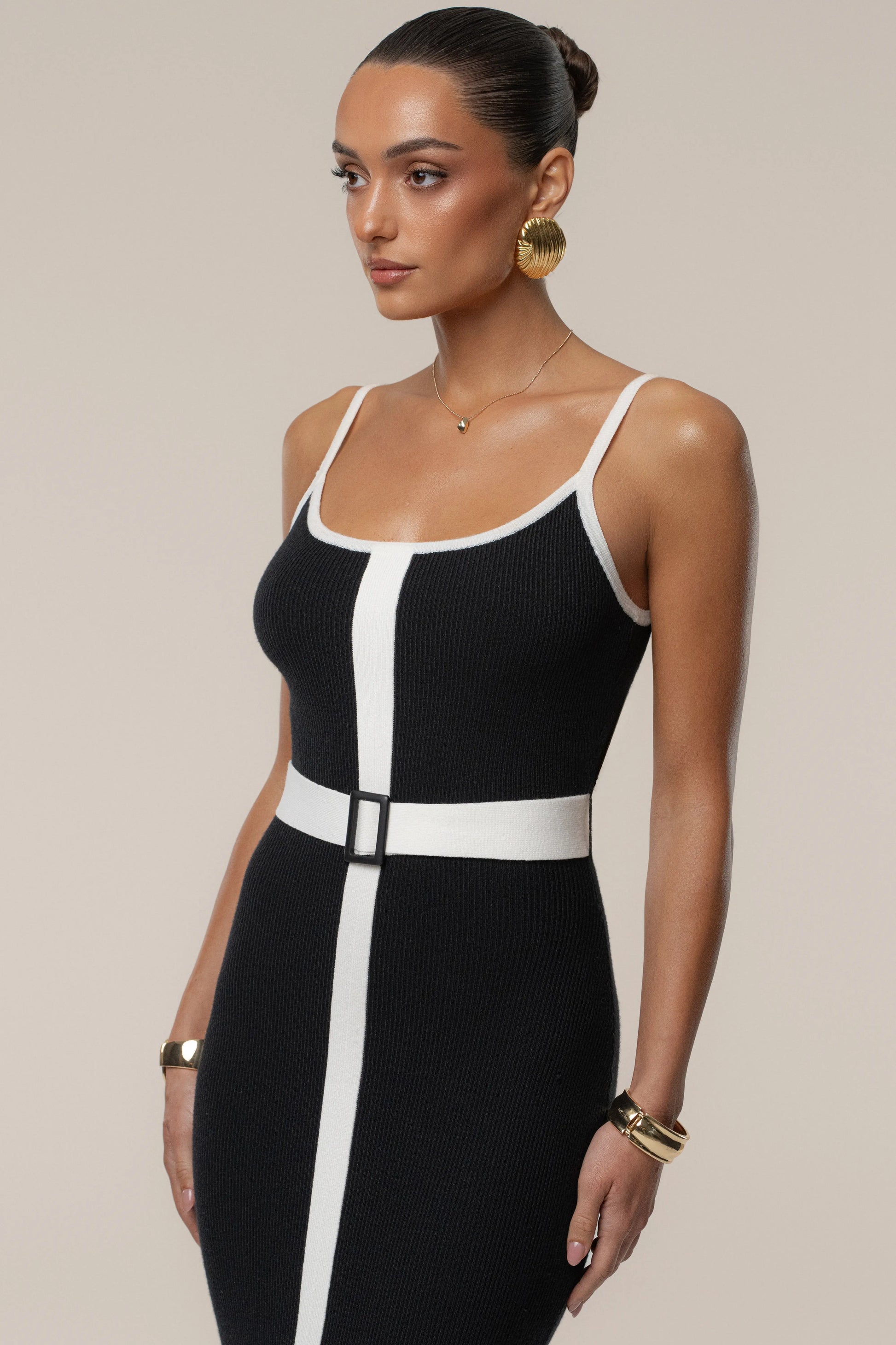 Black/Ivory Belted Cami Maxi Dress JLUXLABEL
