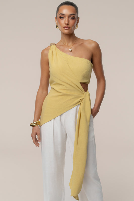 Yellow Palmera One Shoulder Top JLUXLABEL