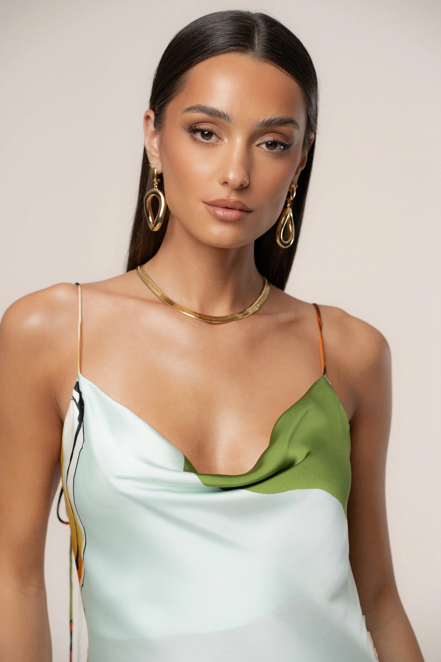 Green Tropical Print Golden Touch Satin Dress JLUXLABEL