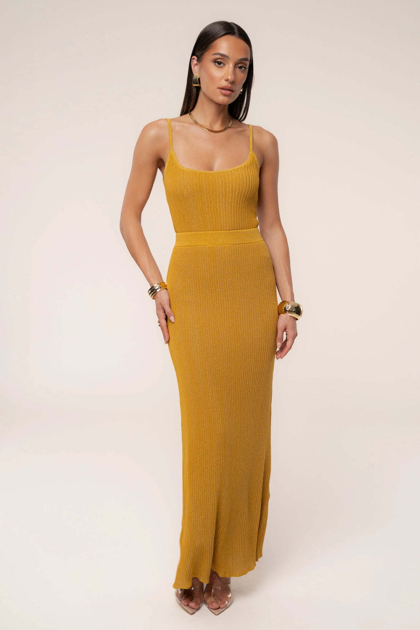 Mustard Serena Ribbed Skirt Set JLUXLABEL