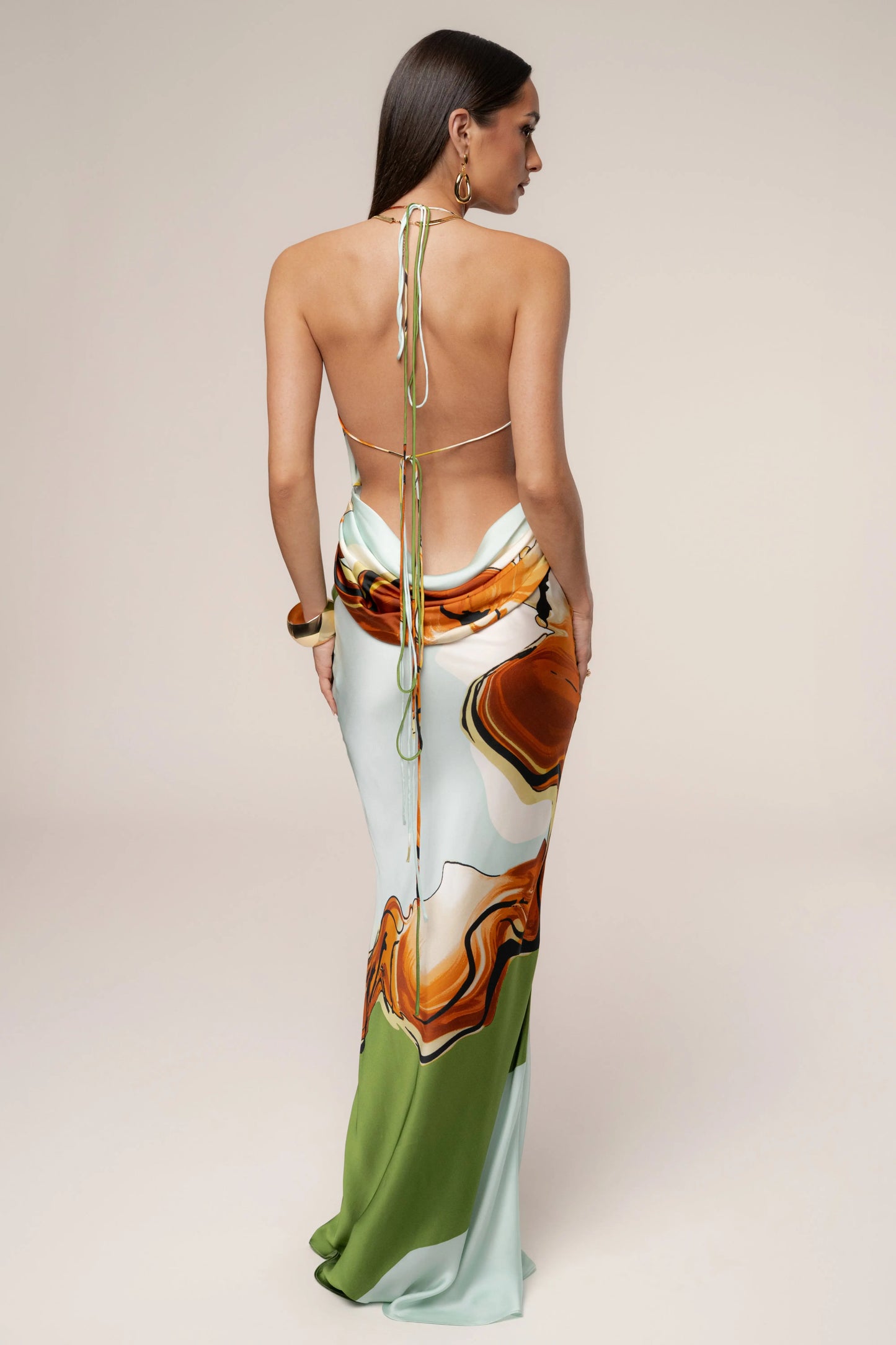 Green Tropical Print Golden Touch Satin Dress JLUXLABEL