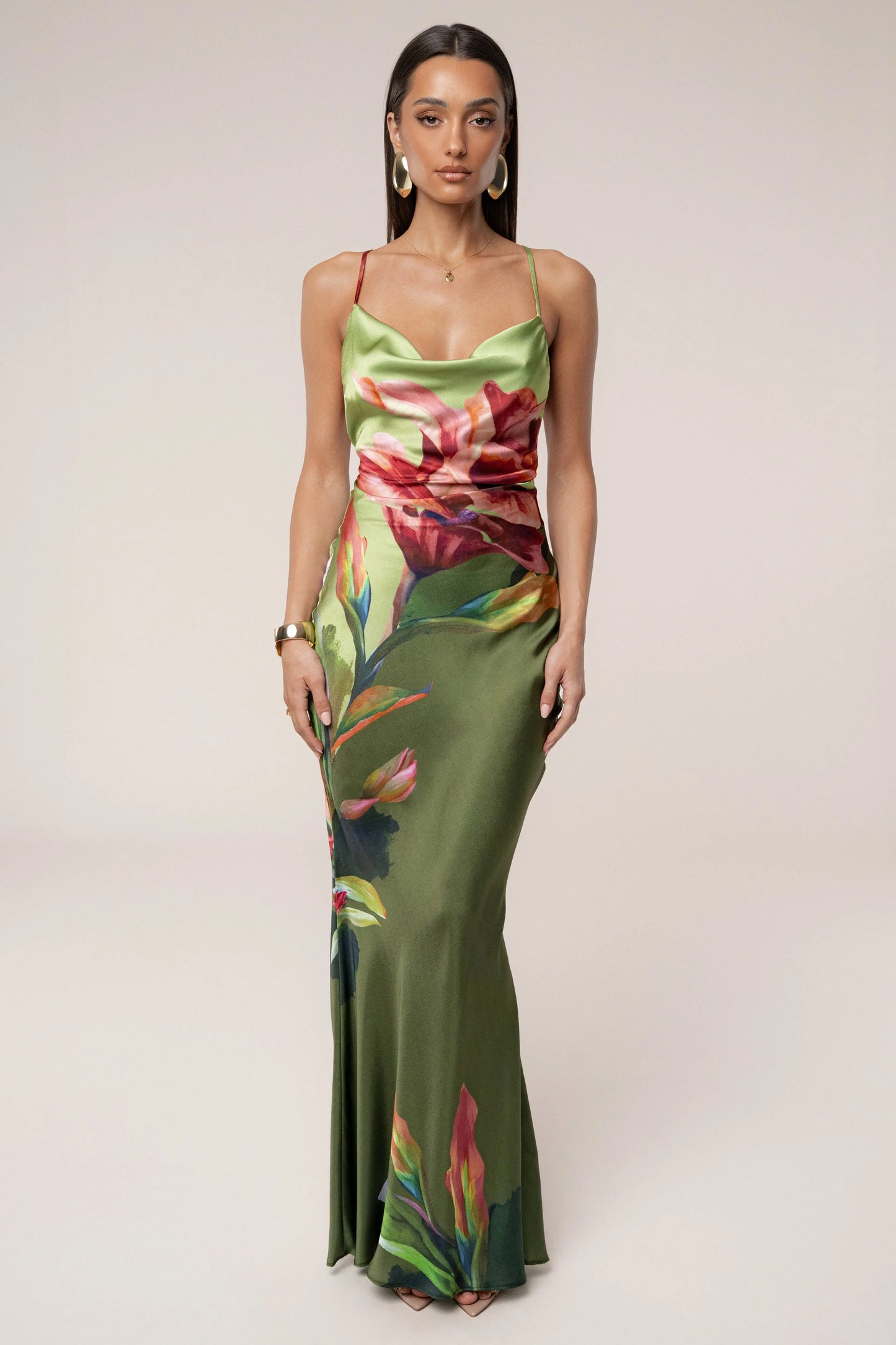 Green Satin Floral Print Maxi Dress JLUXLABEL