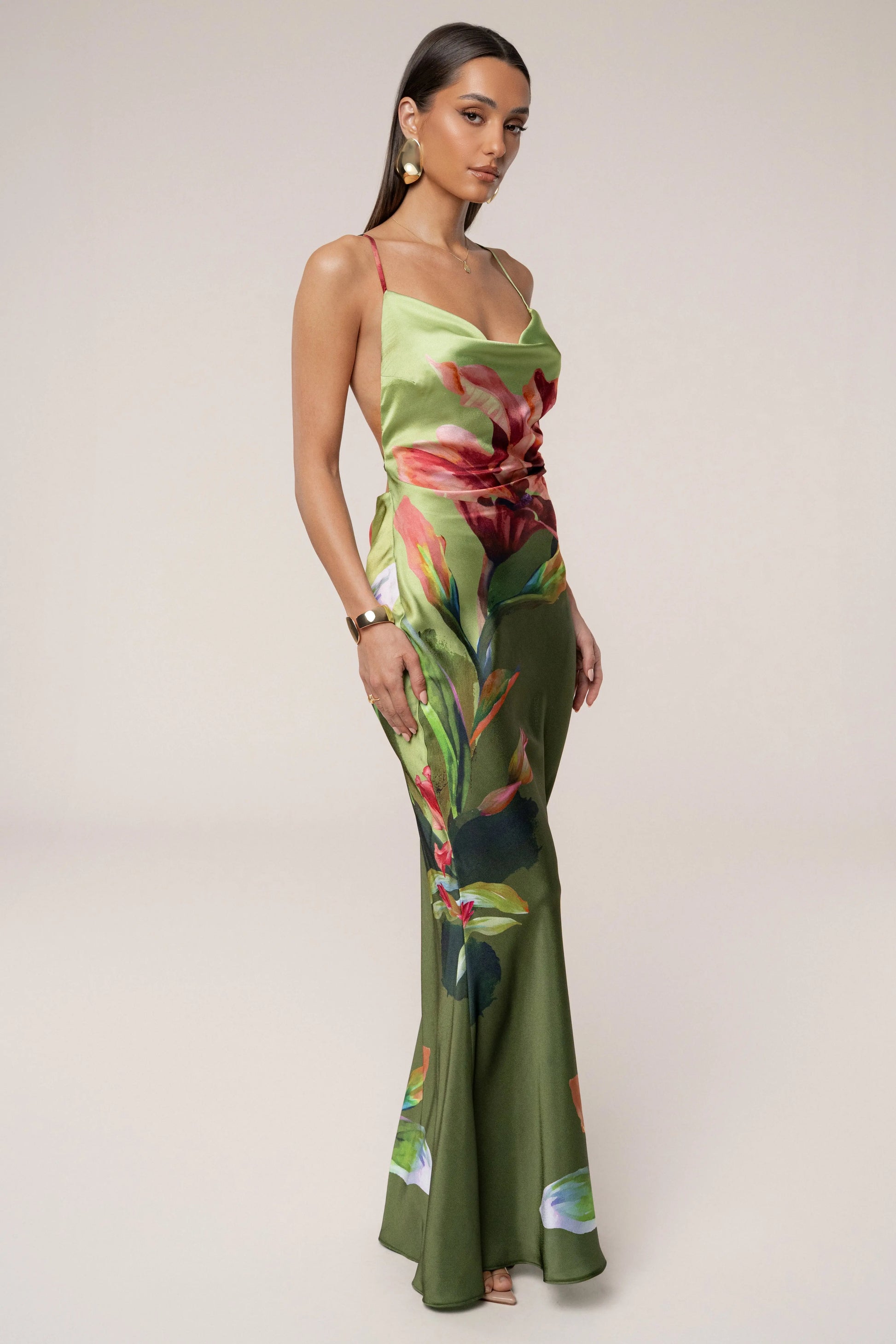 Green Satin Floral Print Maxi Dress JLUXLABEL