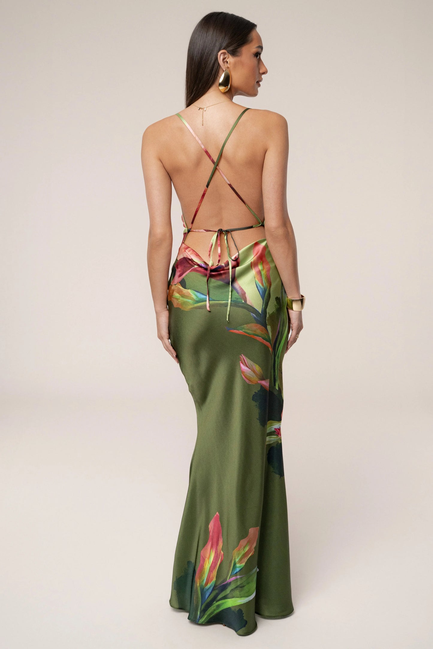 Green Satin Floral Print Maxi Dress JLUXLABEL