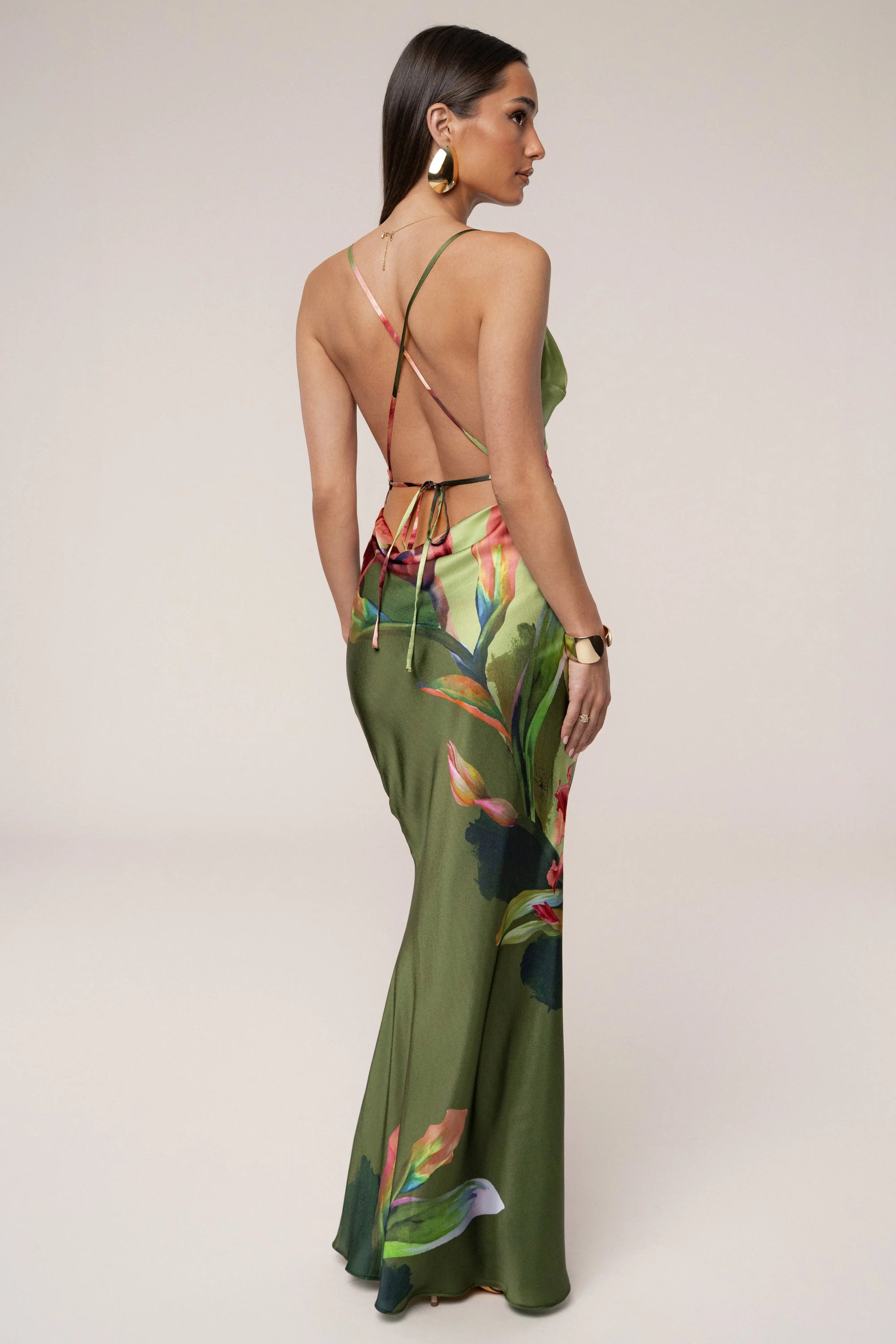 Green Satin Floral Print Maxi Dress JLUXLABEL