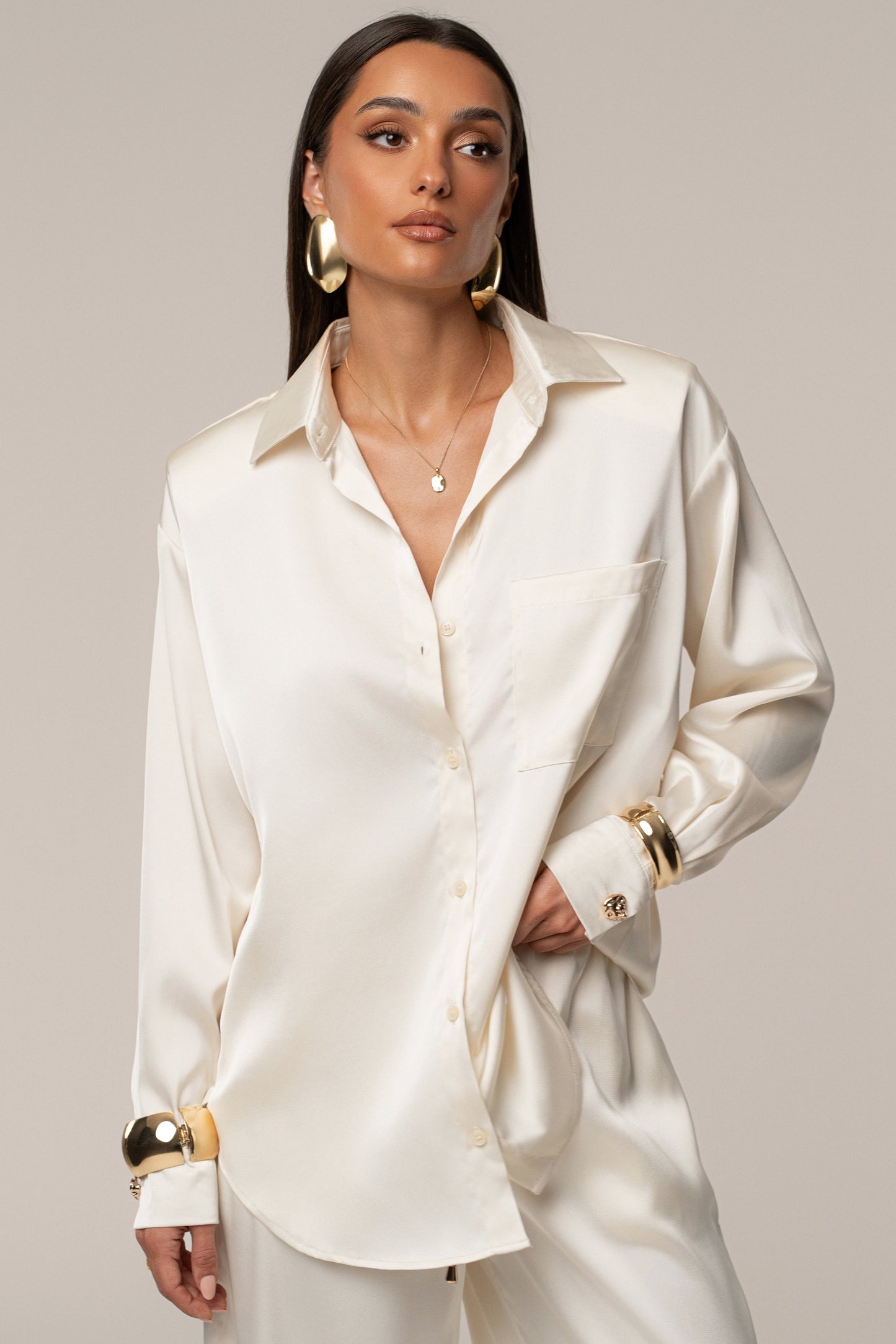 Ivory Island Ease Collared Satin Top JLUXLABEL