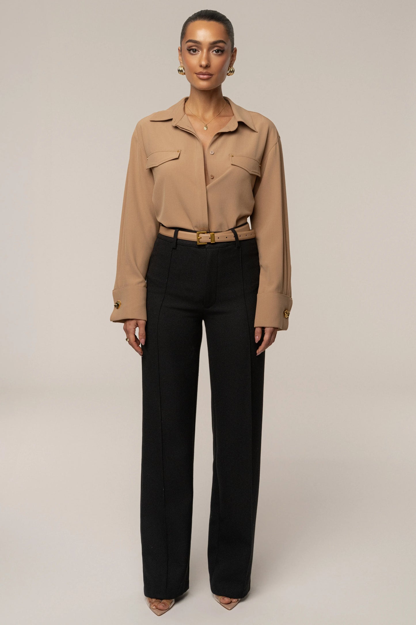 Tan Stella Button Up Shirt JLUXLABEL