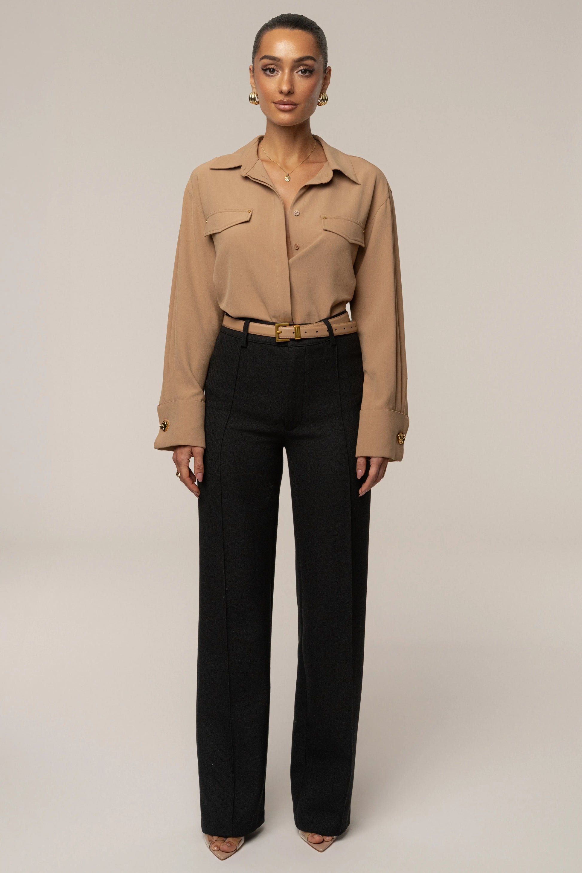 Tan Stella Button Up Shirt JLUXLABEL