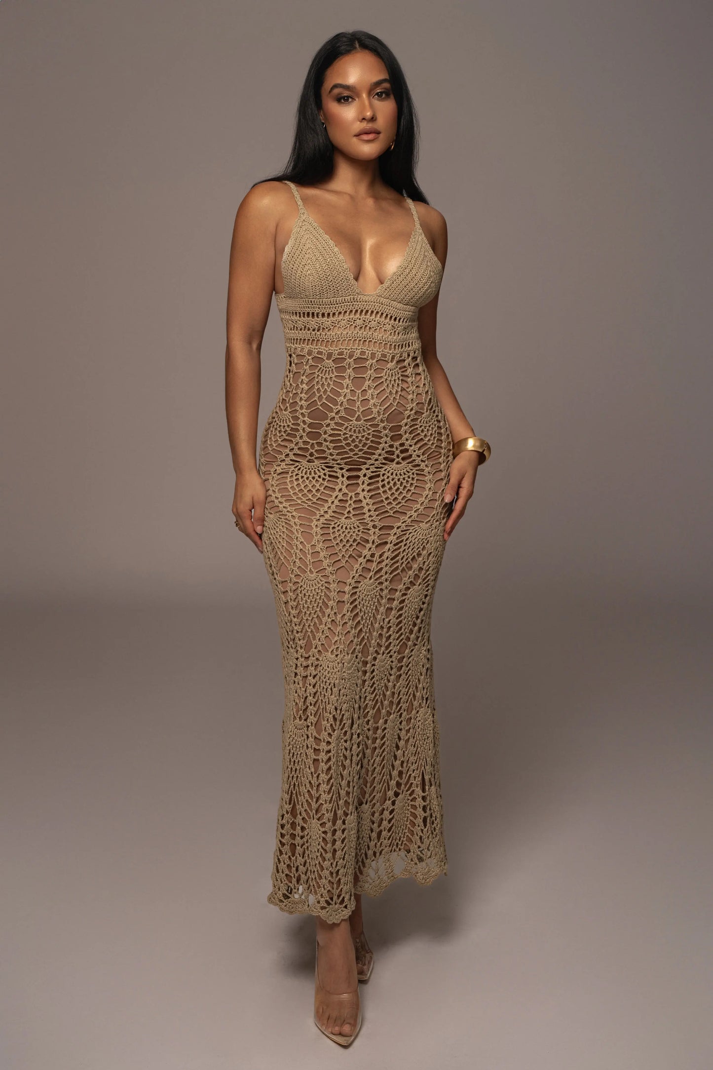 Mocha Great Escape Crochet Maxi Dress JLUXLABEL