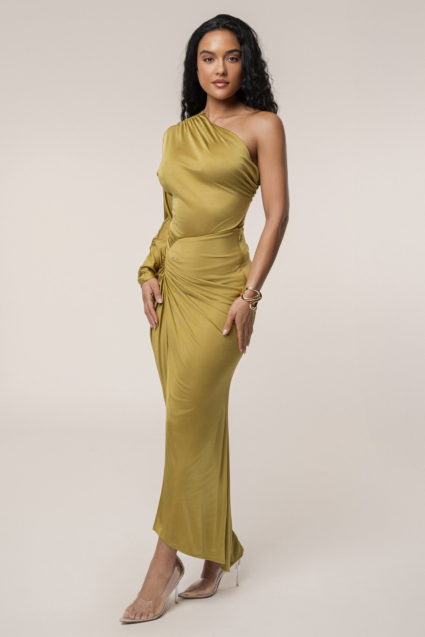 Lime One Shoulder Shirred Bodysuit