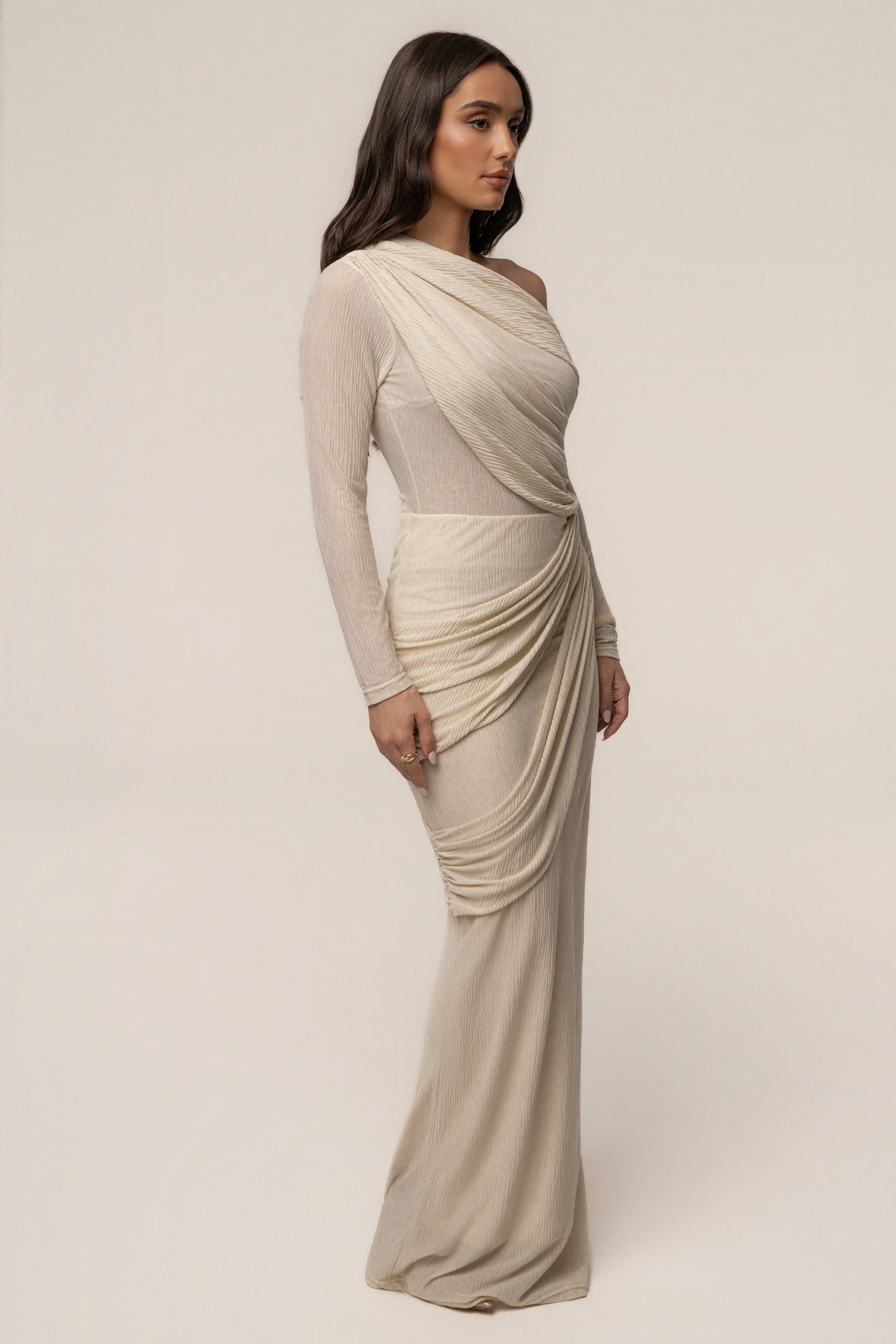 Ivory Textured One Shoulder Bodysuit JLUXLABEL