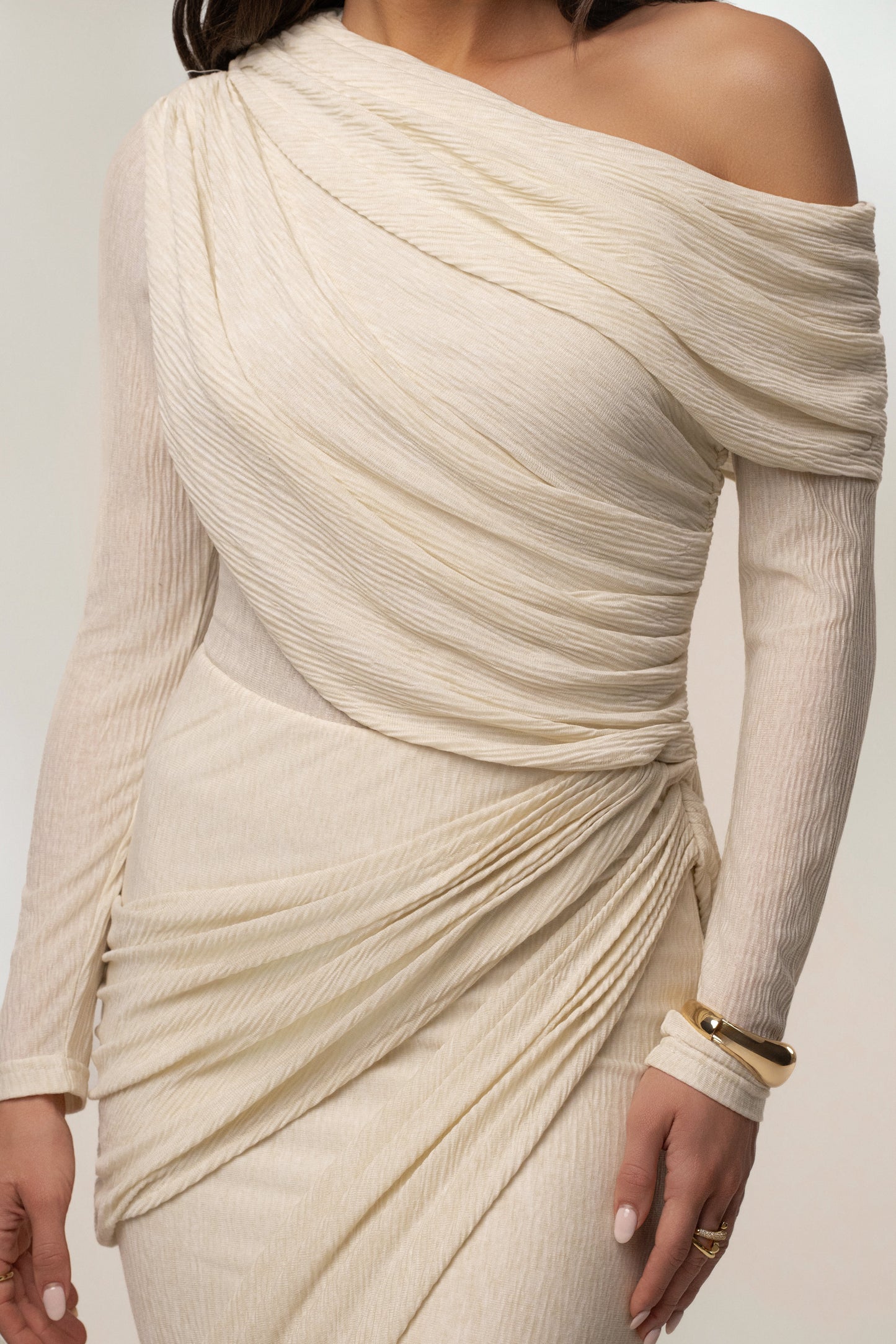 Ivory Textured One Shoulder Bodysuit JLUXLABEL