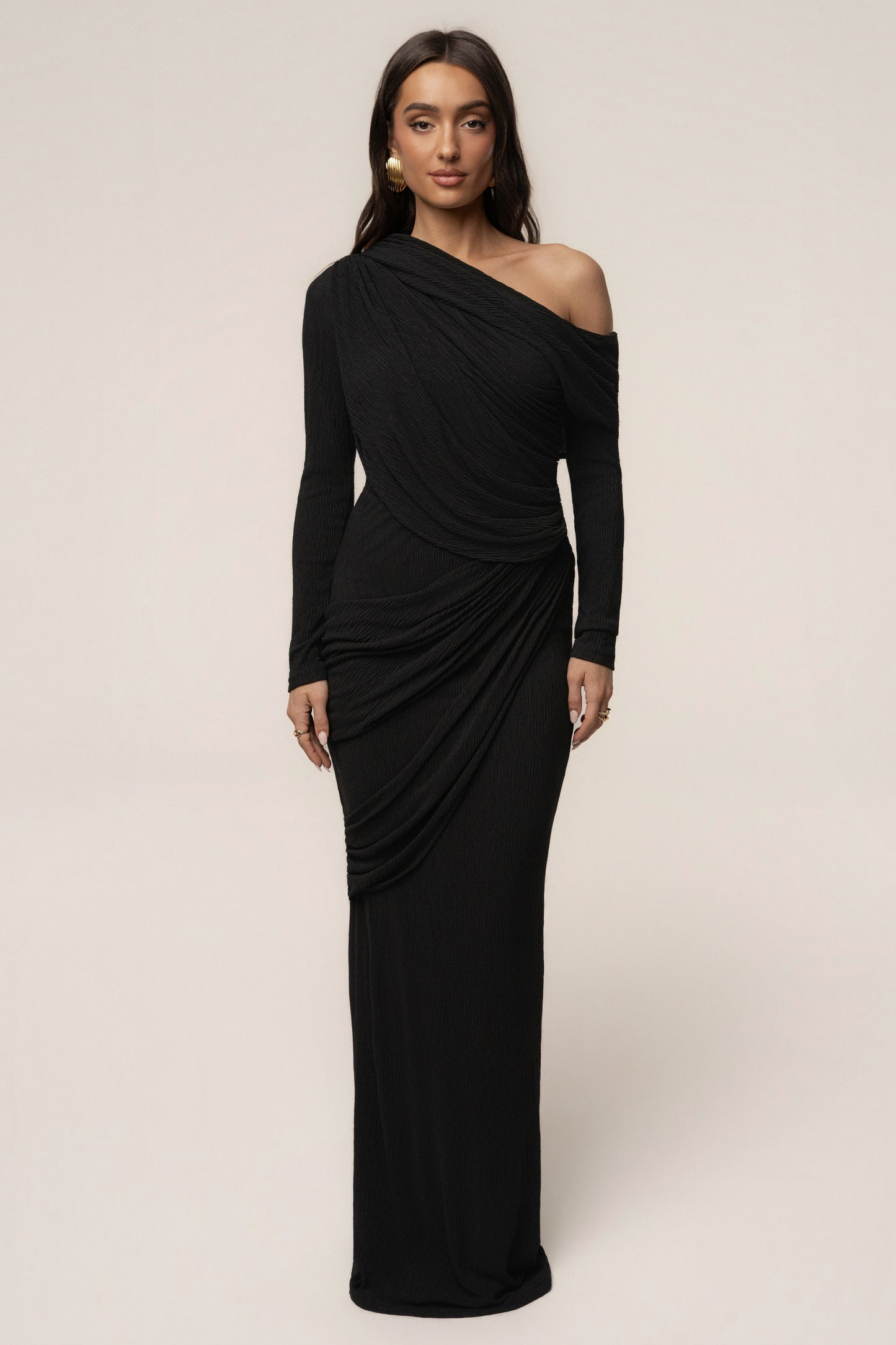 Black Textured One Shoulder Bodysuit JLUXLABEL