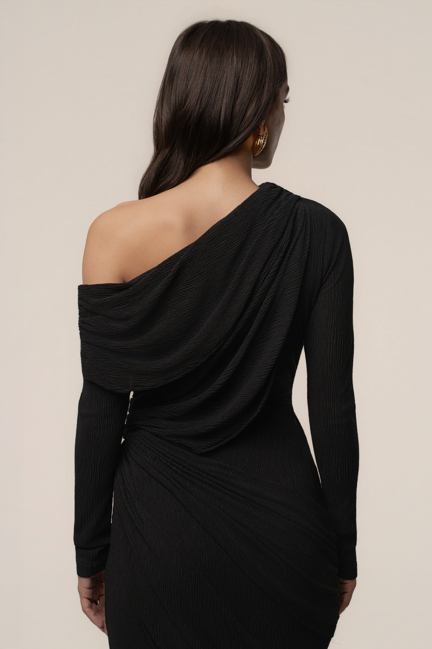Black Textured One Shoulder Bodysuit JLUXLABEL