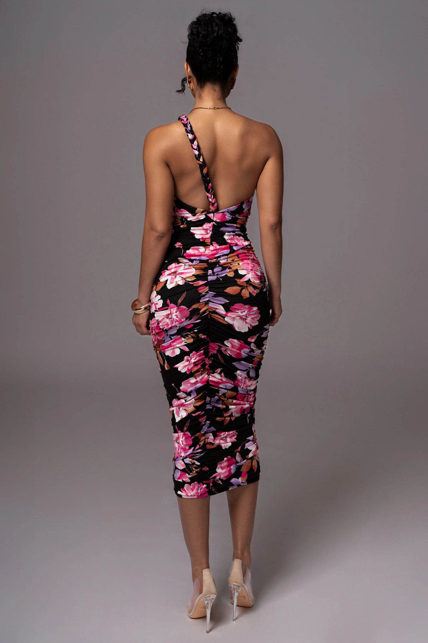 Black Floral Jess Ruched Midi Dress JLUXLABEL