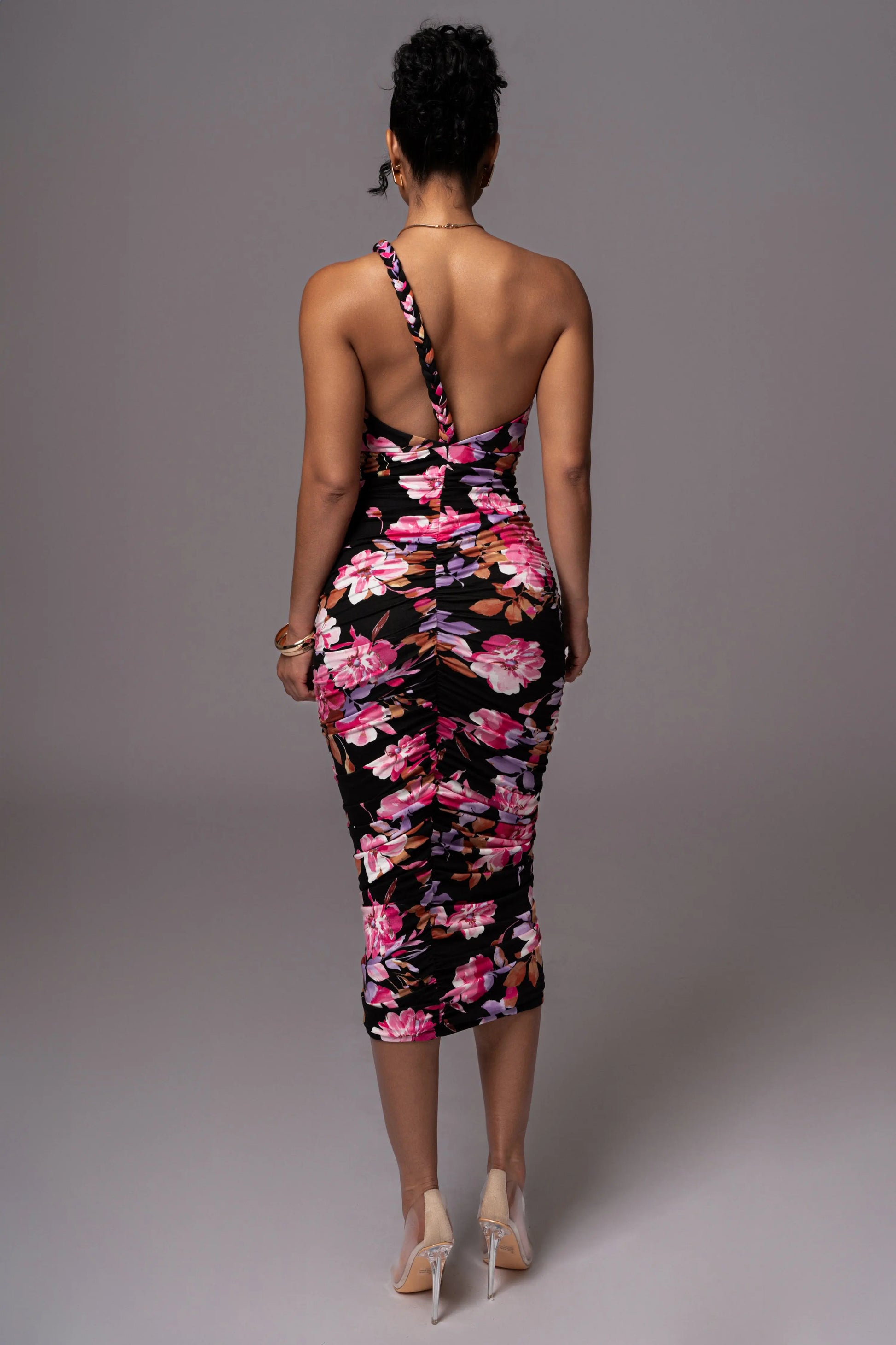 Black Floral Jess Ruched Midi Dress JLUXLABEL