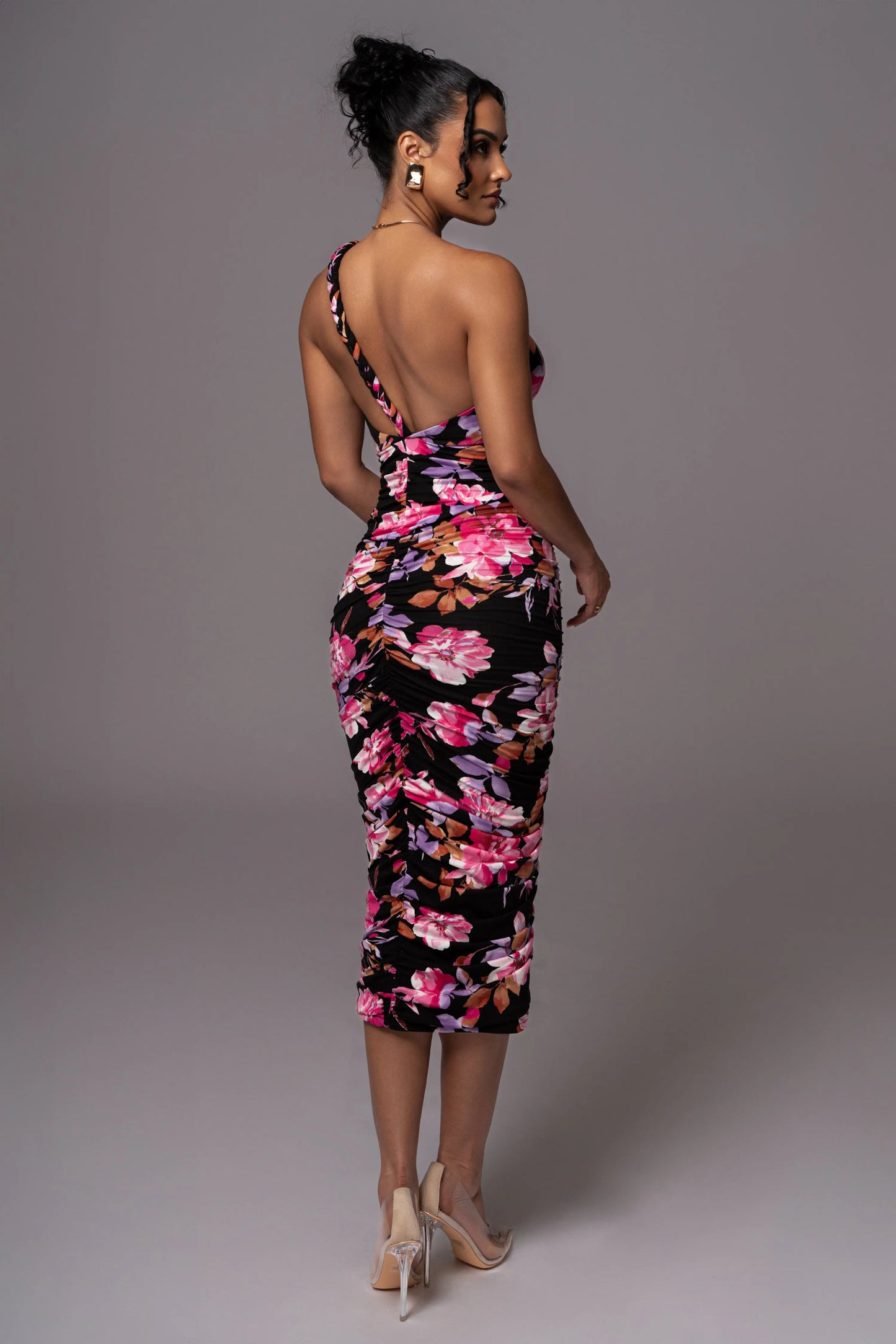 Black Floral Jess Ruched Midi Dress JLUXLABEL