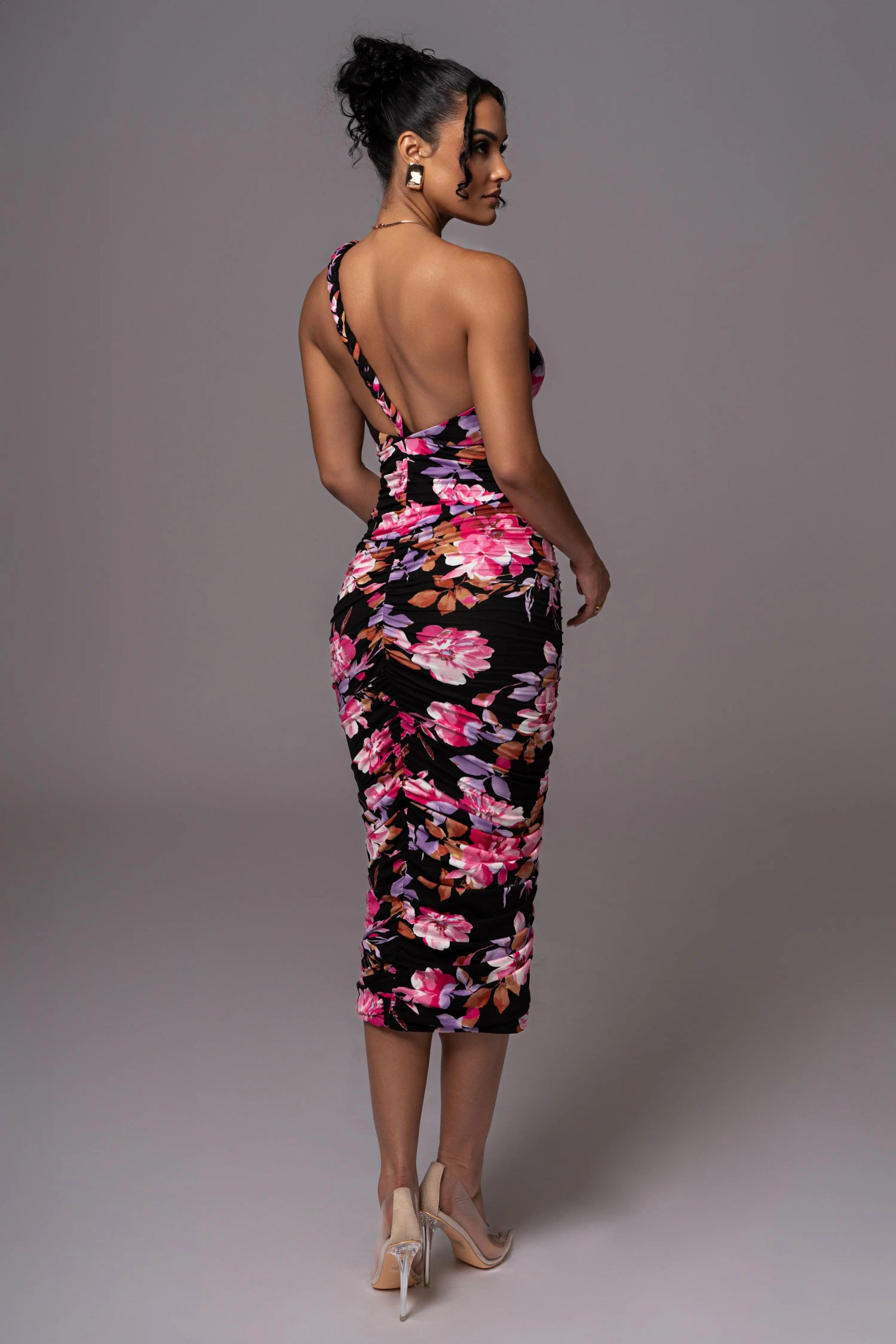 Black Floral Jess Ruched Midi Dress JLUXLABEL