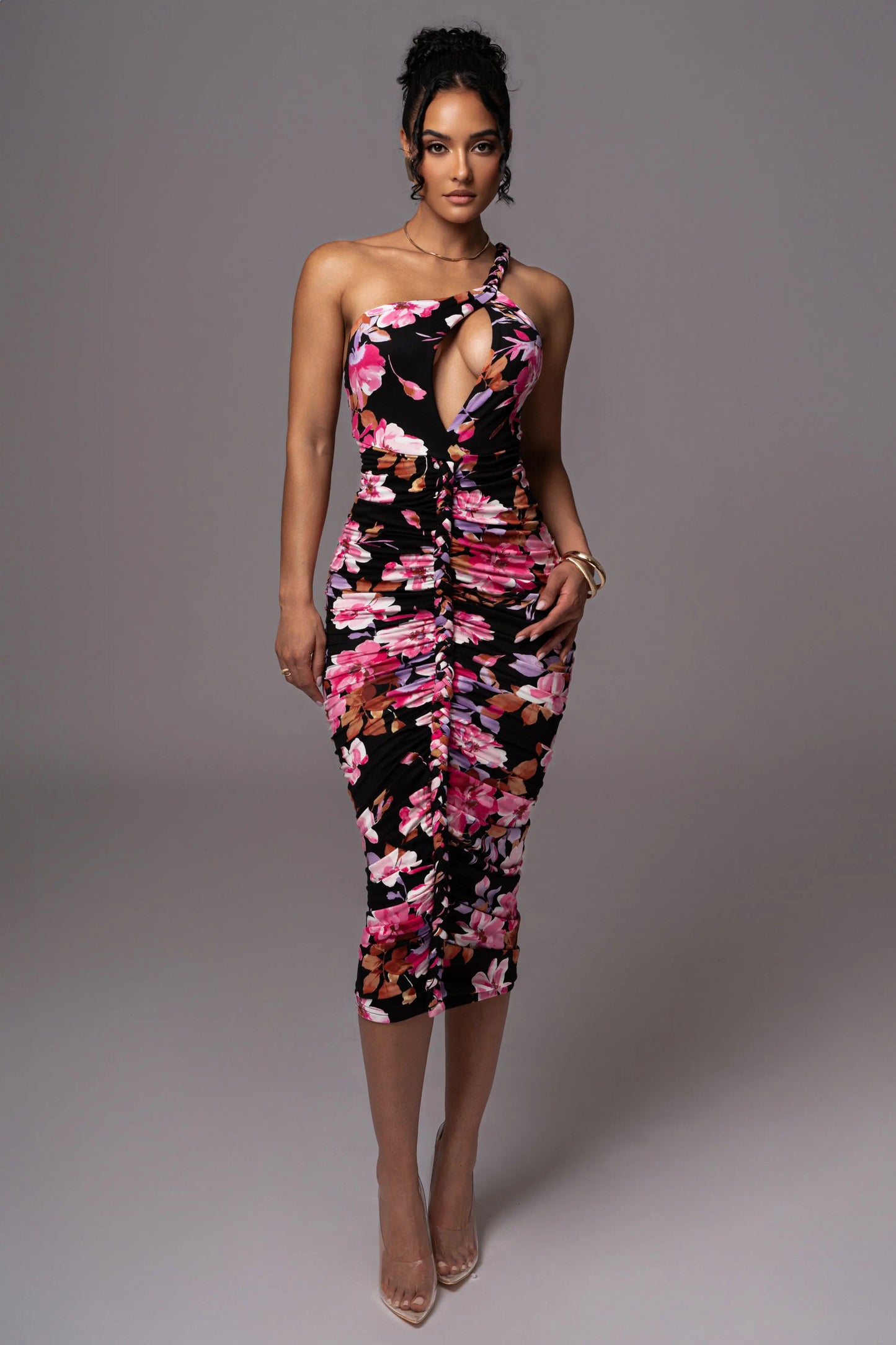 Black Floral Jess Ruched Midi Dress JLUXLABEL