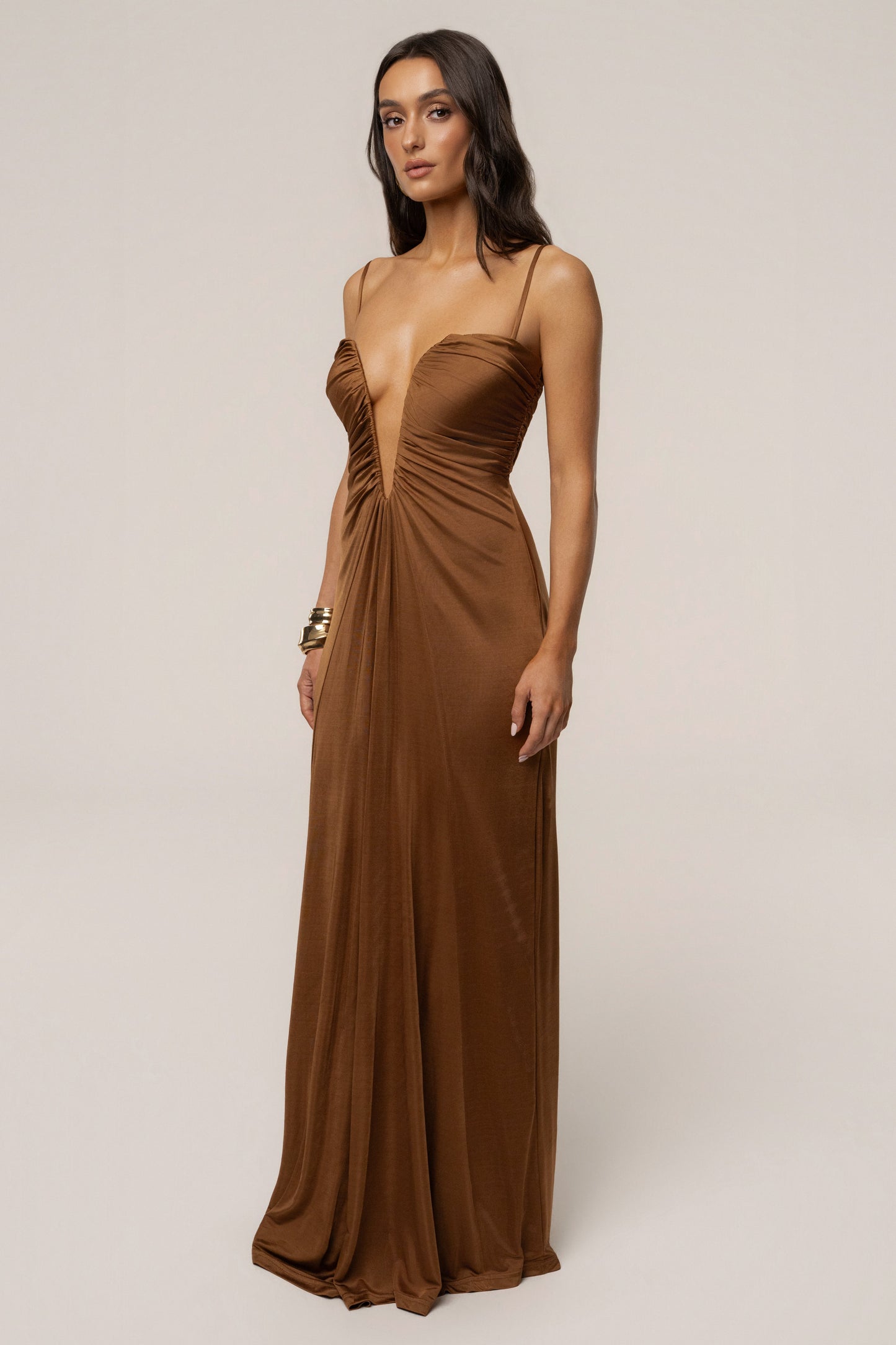 Tan Auric Deep Plunge Maxi Dress JLUXLABEL