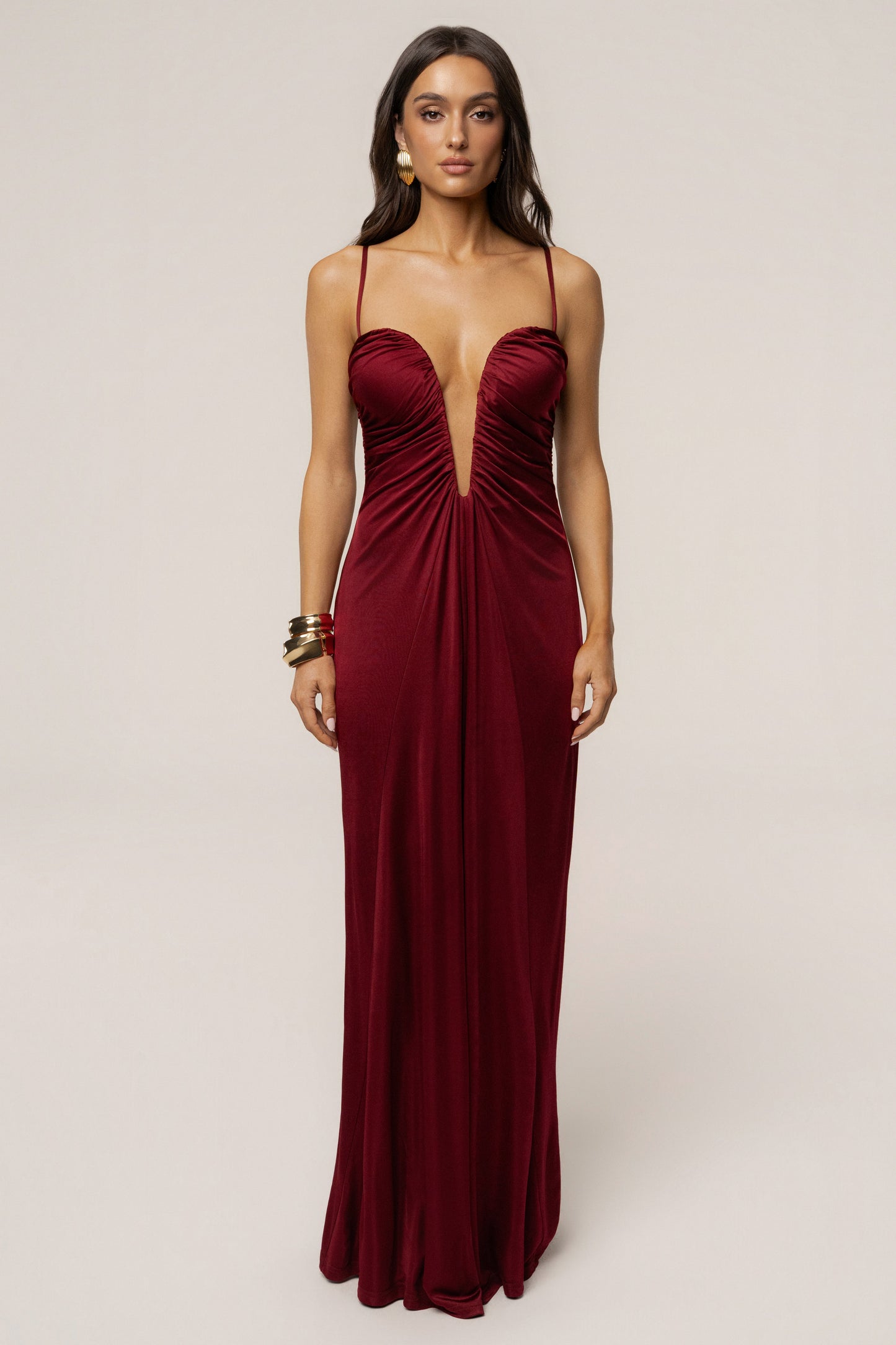 Burgundy Auric Deep Plunge Maxi Dress JLUXLABEL