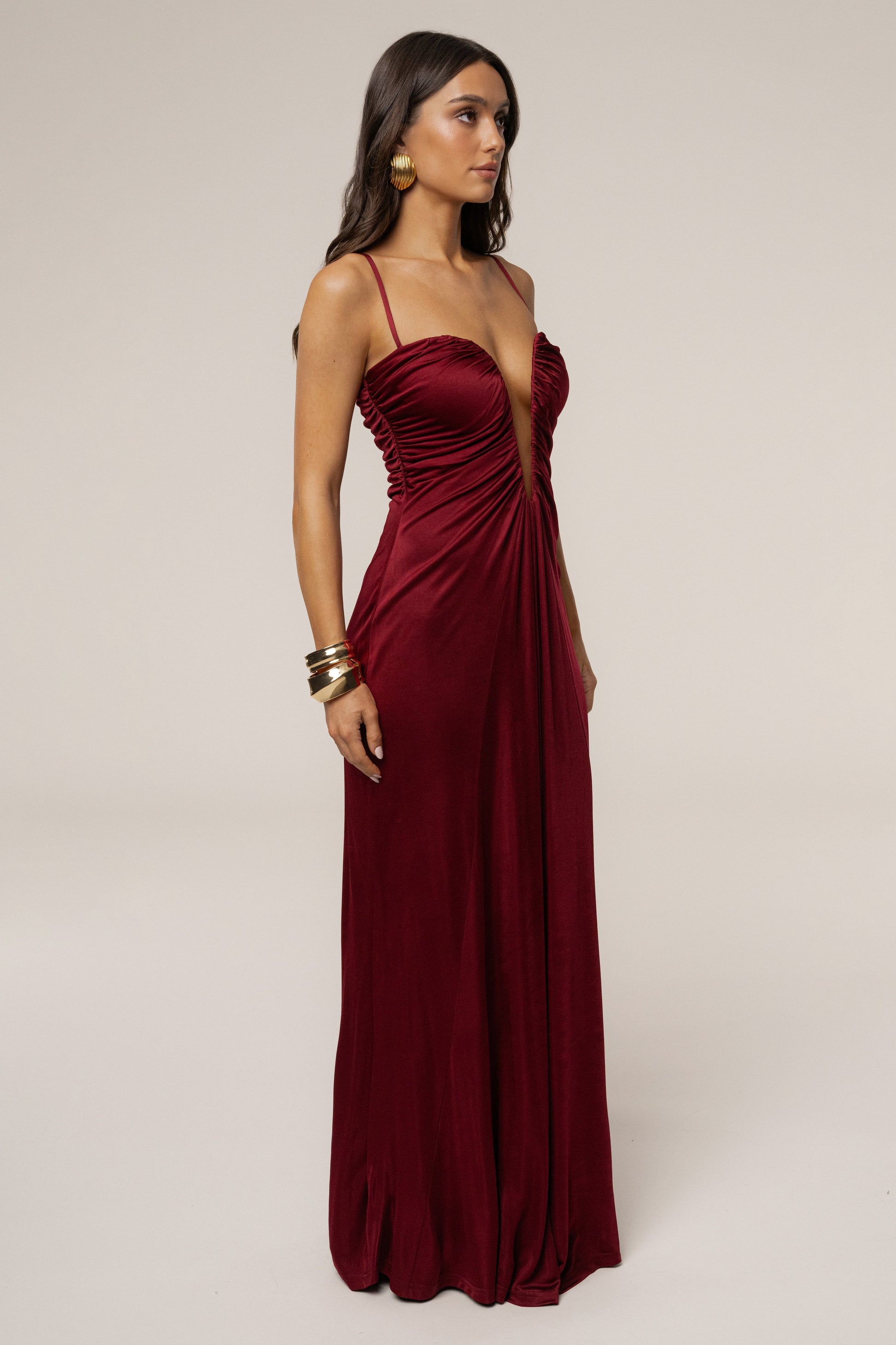 Burgundy Auric Deep Plunge Maxi Dress JLUXLABEL
