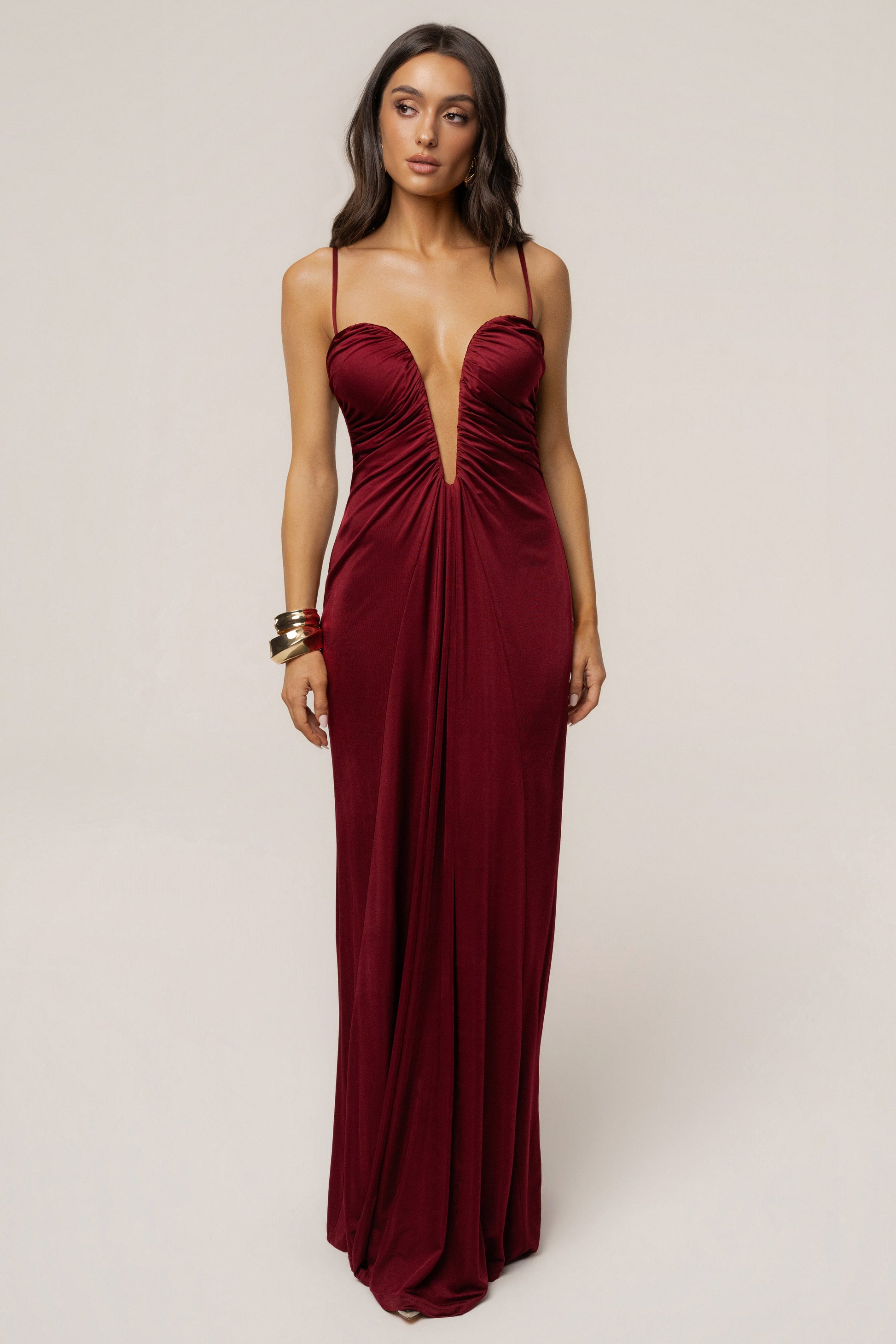 Burgundy Auric Deep Plunge Maxi Dress JLUXLABEL