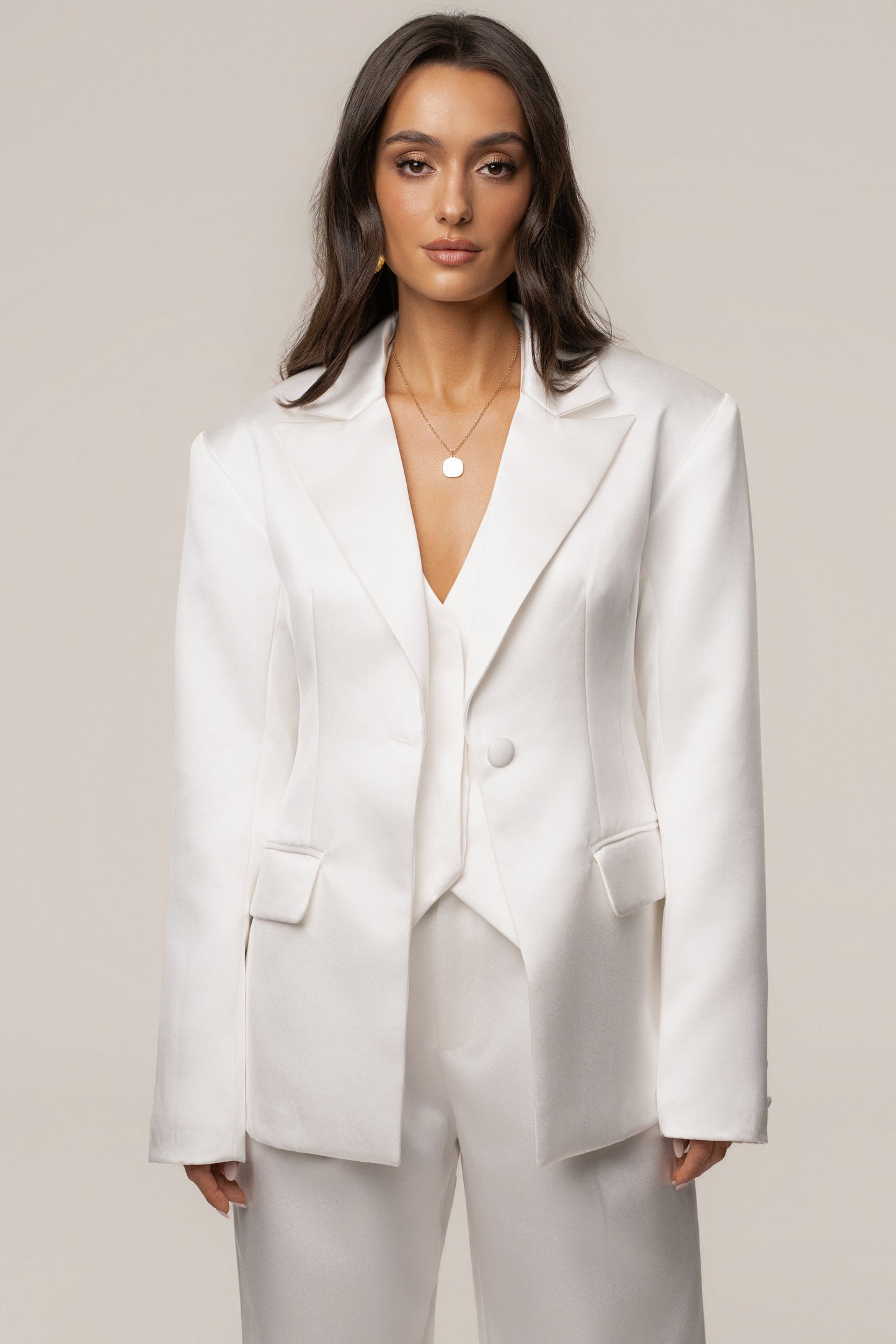White Victoria Satin Blazer JLUXLABEL