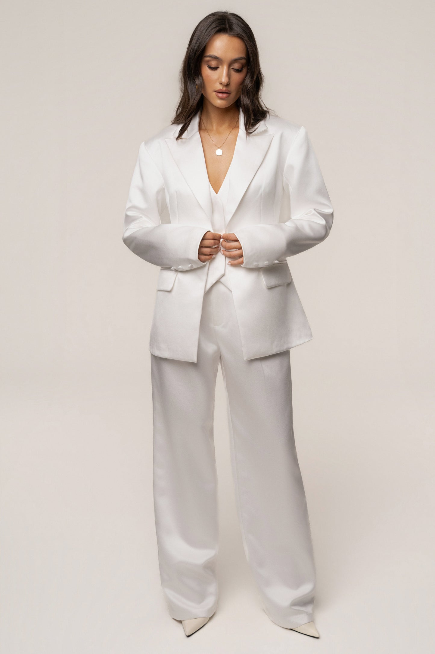 White Victoria Satin Blazer JLUXLABEL