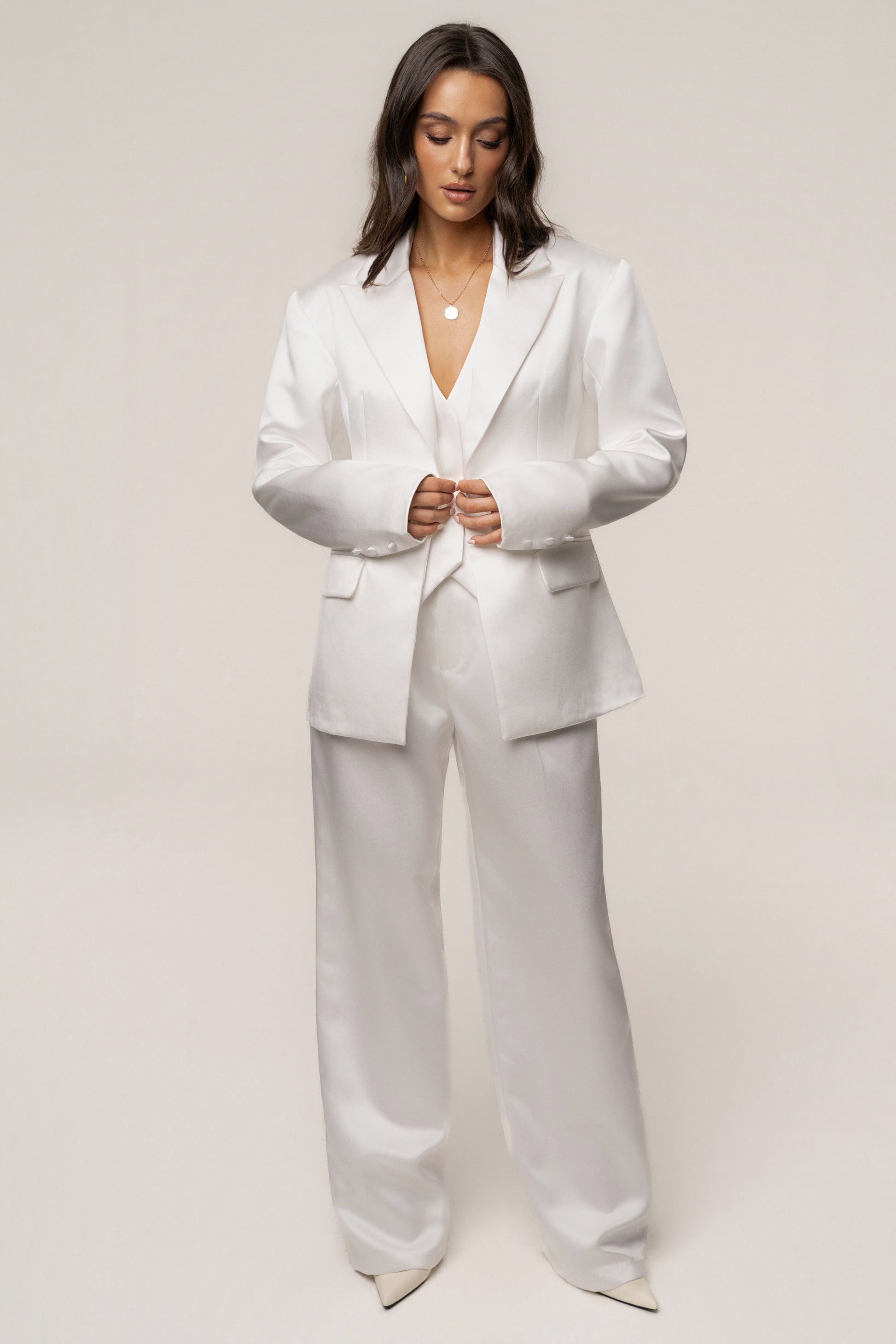 White Victoria Satin Blazer JLUXLABEL
