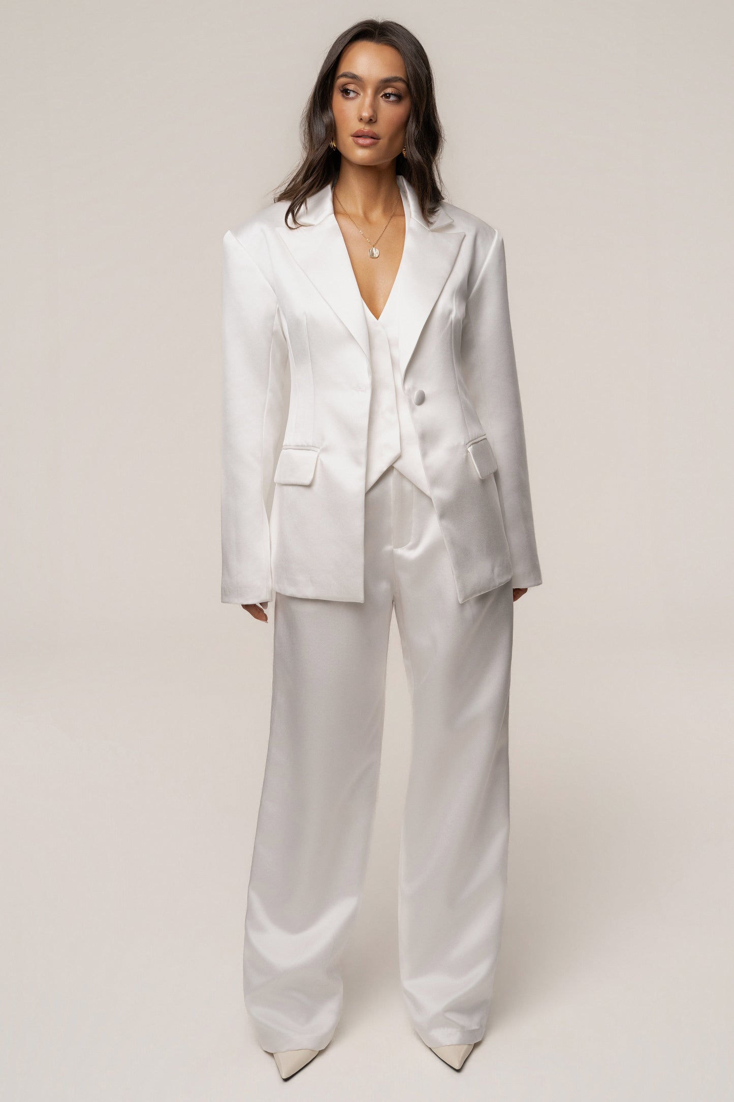 White Victoria Satin Blazer JLUXLABEL