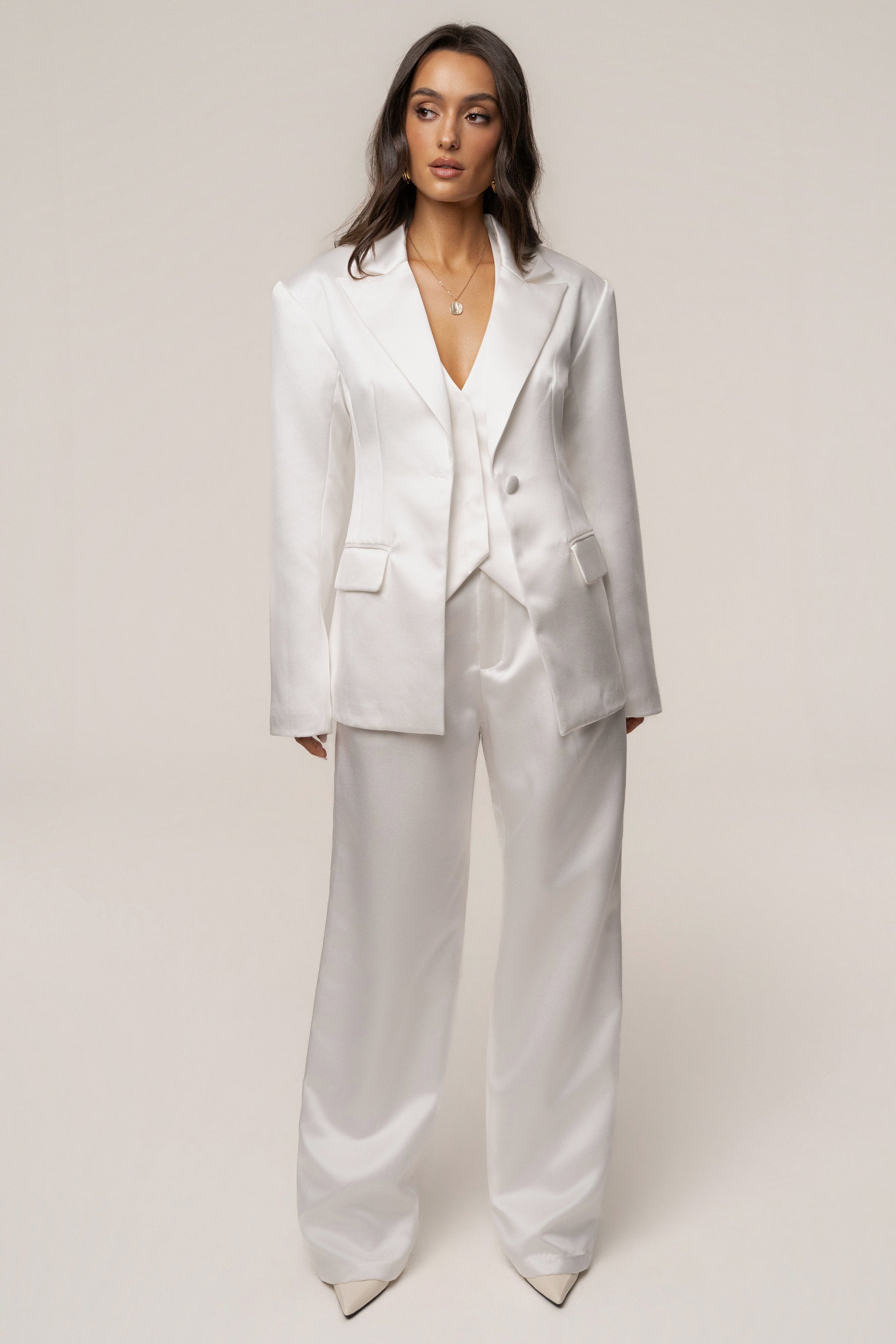 White Victoria Satin Blazer JLUXLABEL