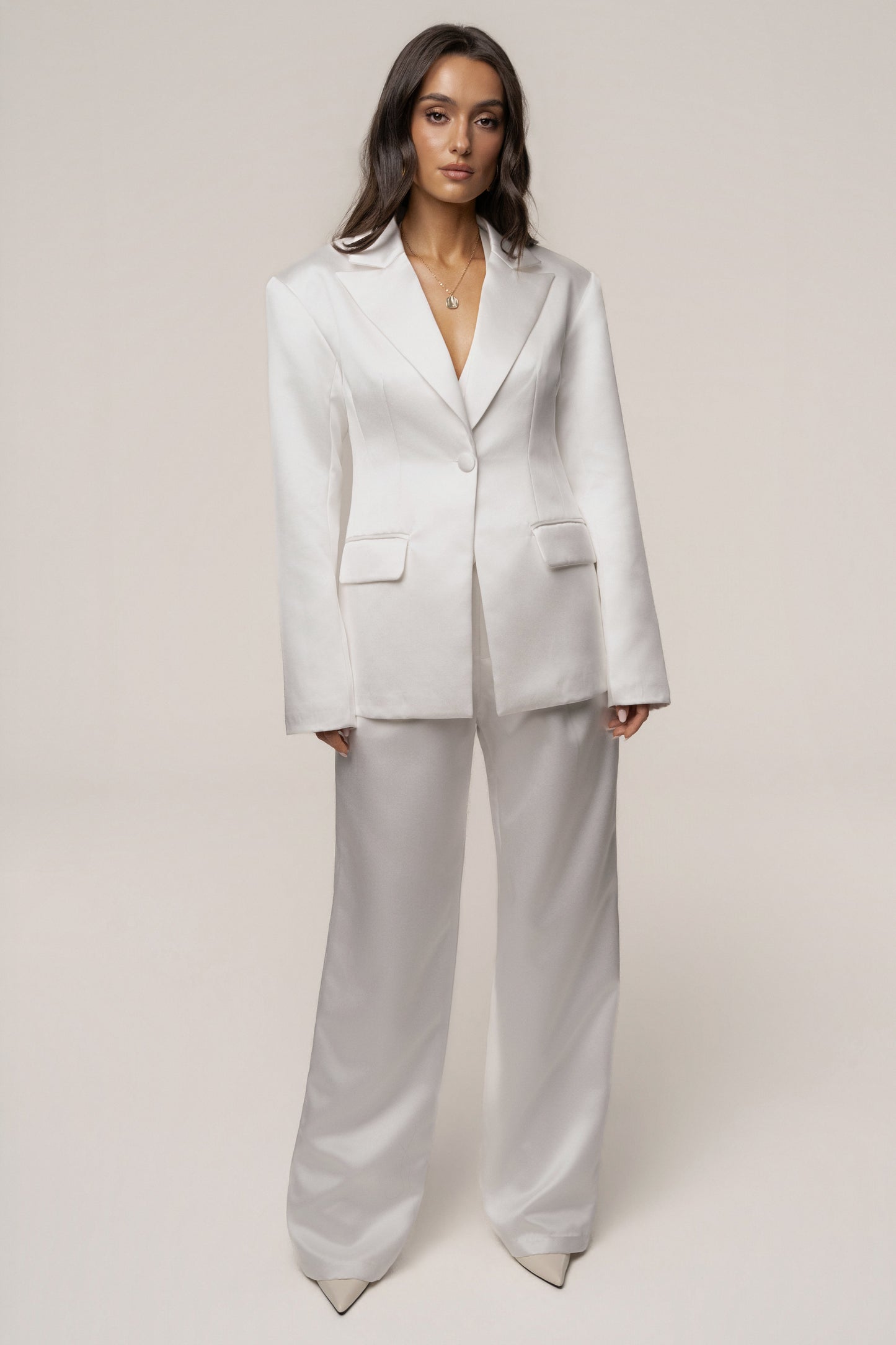 White Victoria Satin Blazer JLUXLABEL