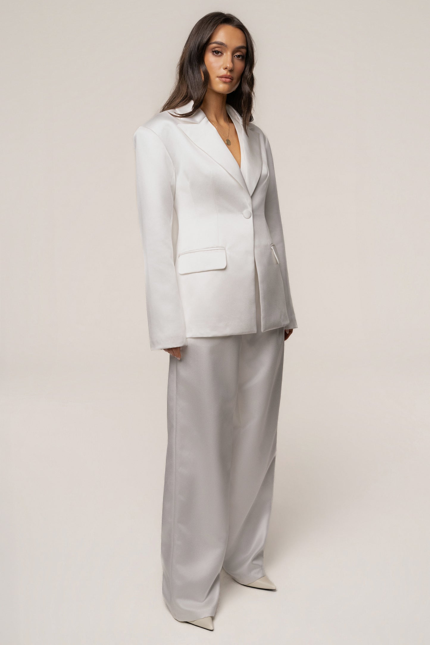 White Victoria Satin Blazer JLUXLABEL