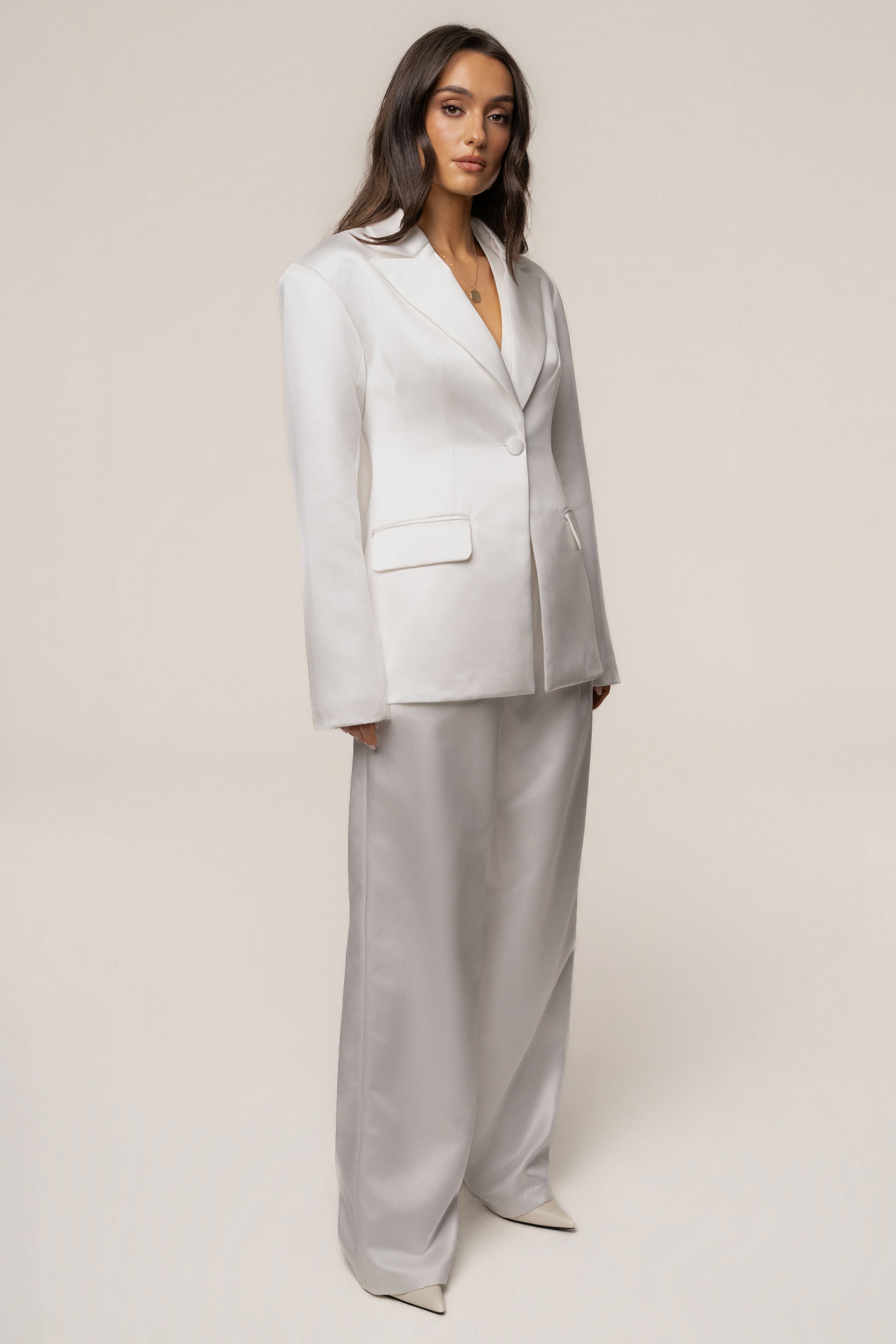 White Victoria Satin Blazer JLUXLABEL