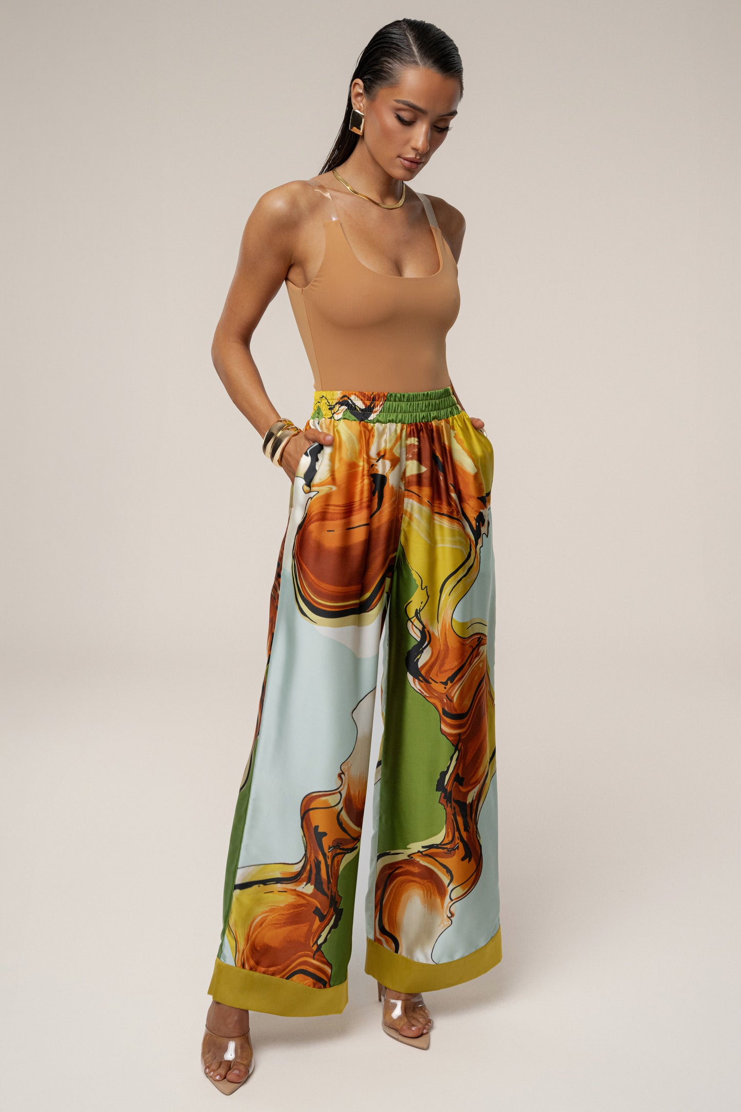 PRE-ORDER Green Tropical Print Jet Set Wide Leg Pants