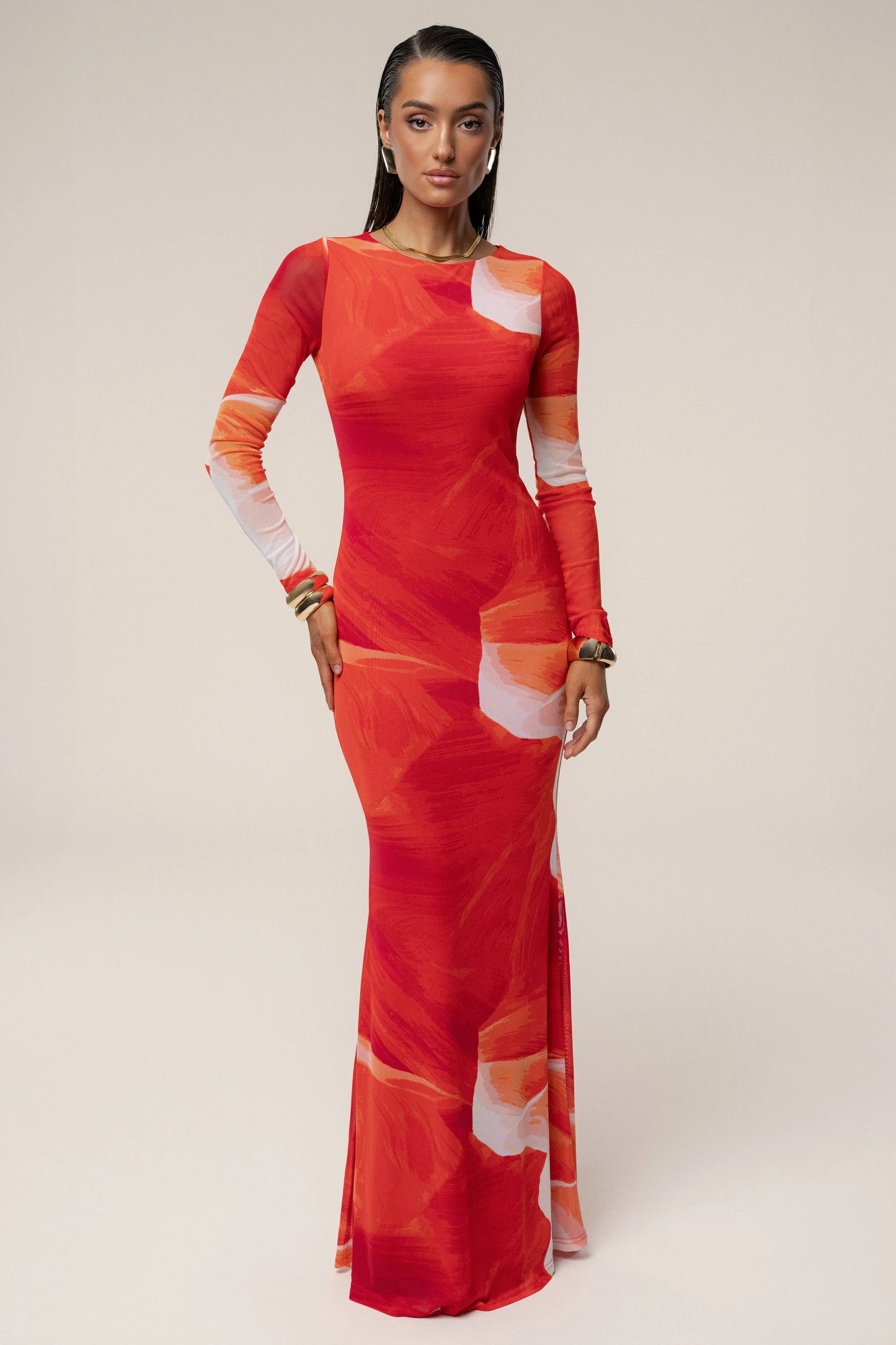 Sunset Red Palms And Sands Mesh Maxi Dress JLUXLABEL