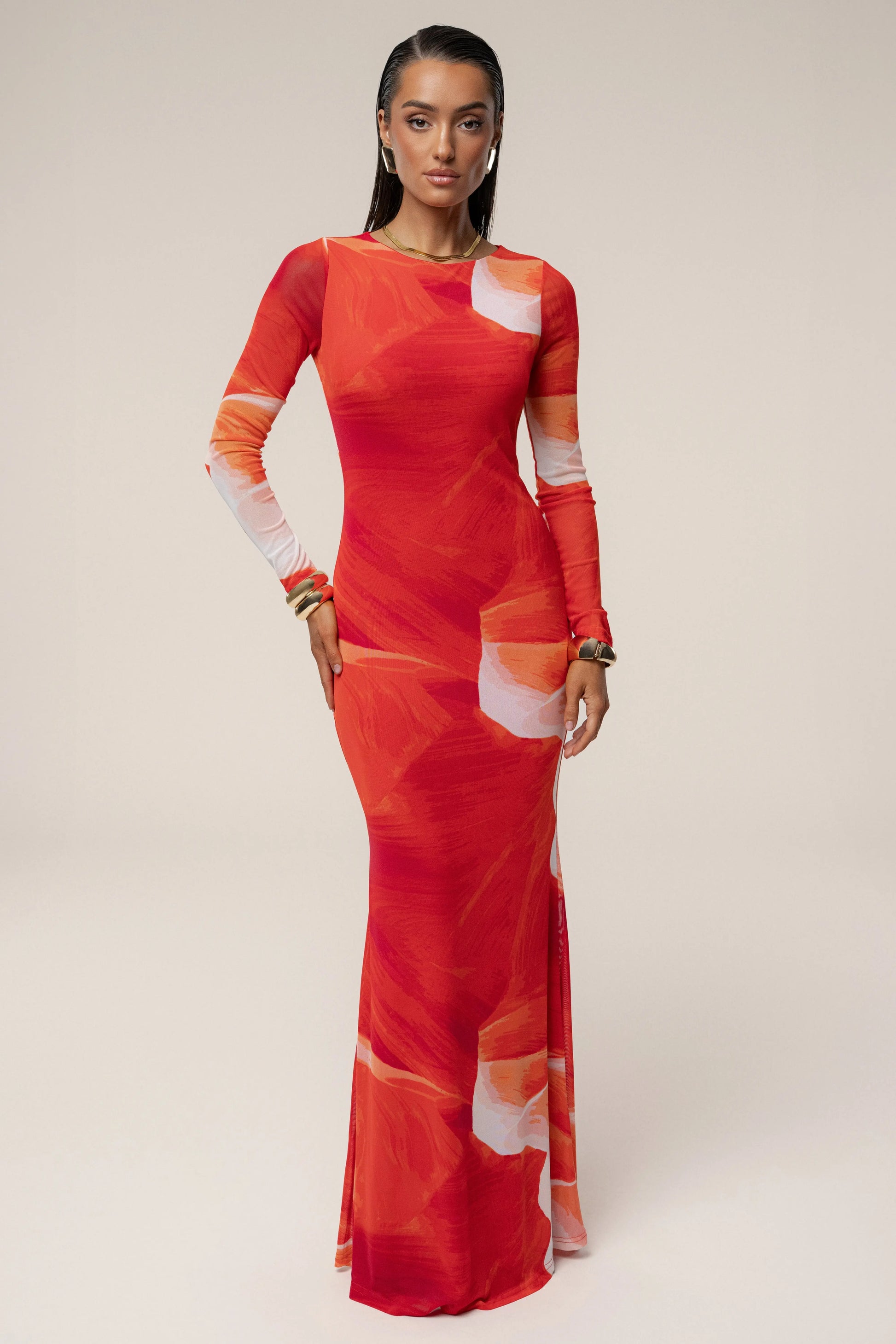 Sunset Red Palms And Sands Mesh Maxi Dress JLUXLABEL