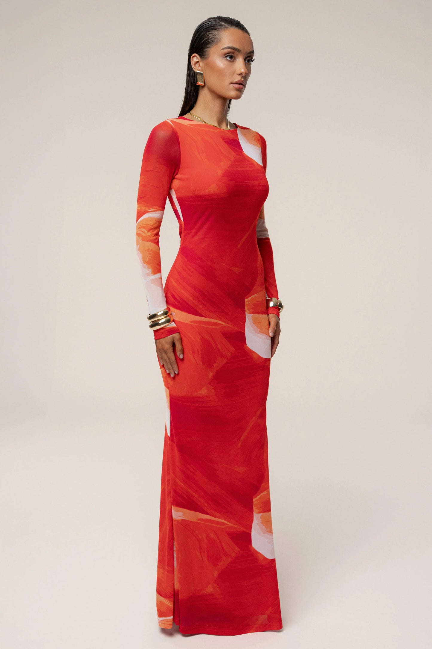 Sunset Red Palms And Sands Mesh Maxi Dress JLUXLABEL