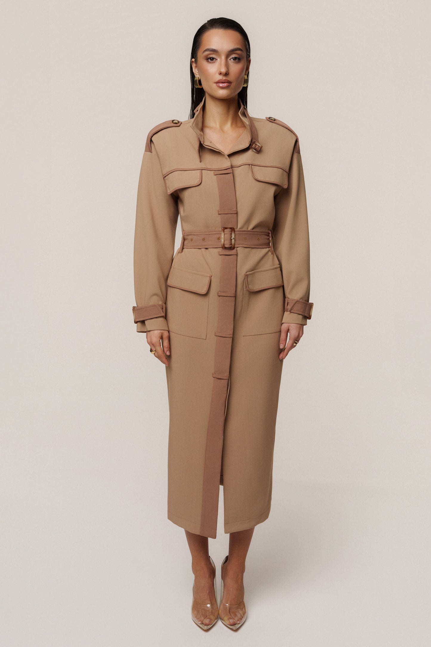 Beige Icon Belted Midi Dress JLUXLABEL
