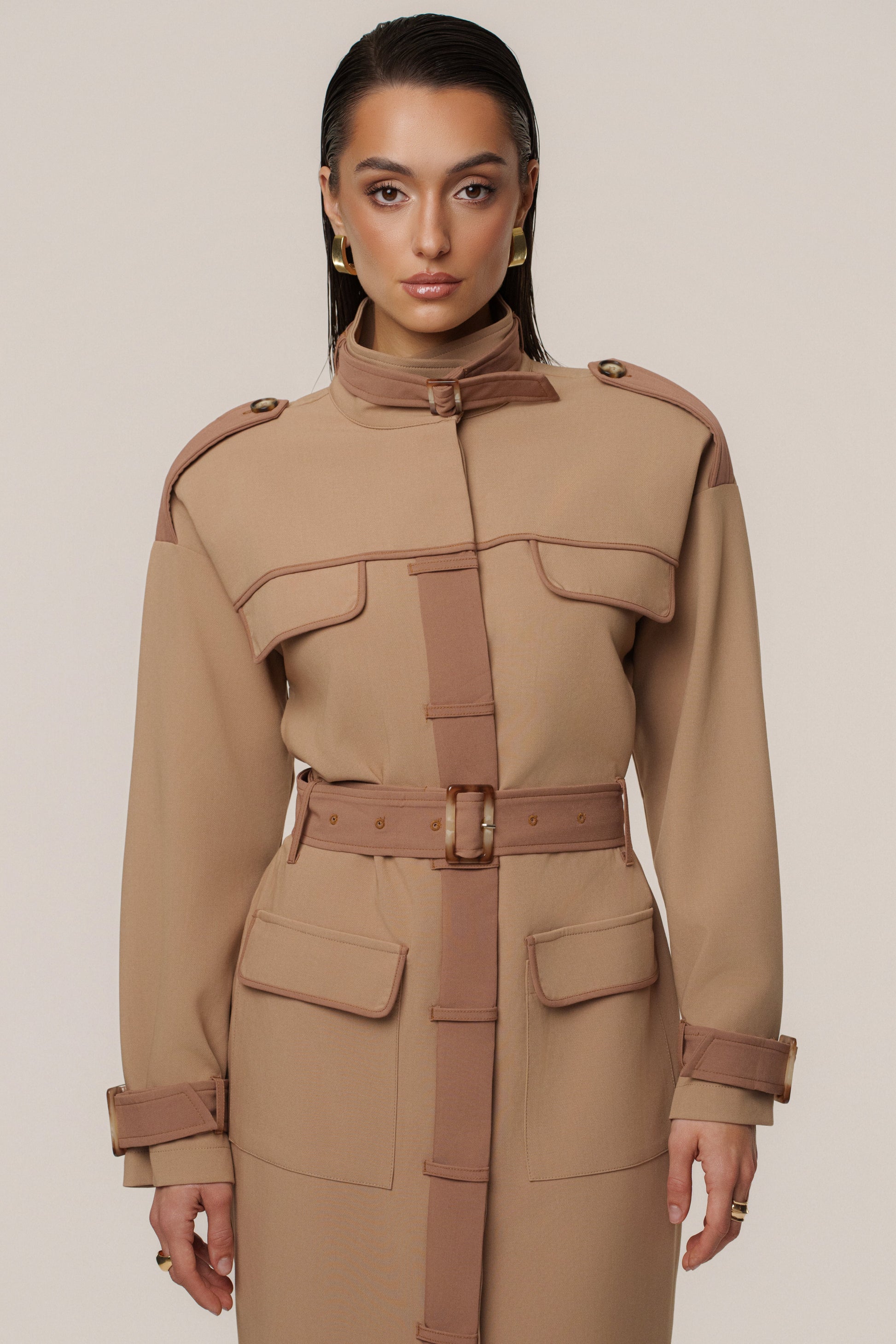 Beige Icon Belted Midi Dress JLUXLABEL