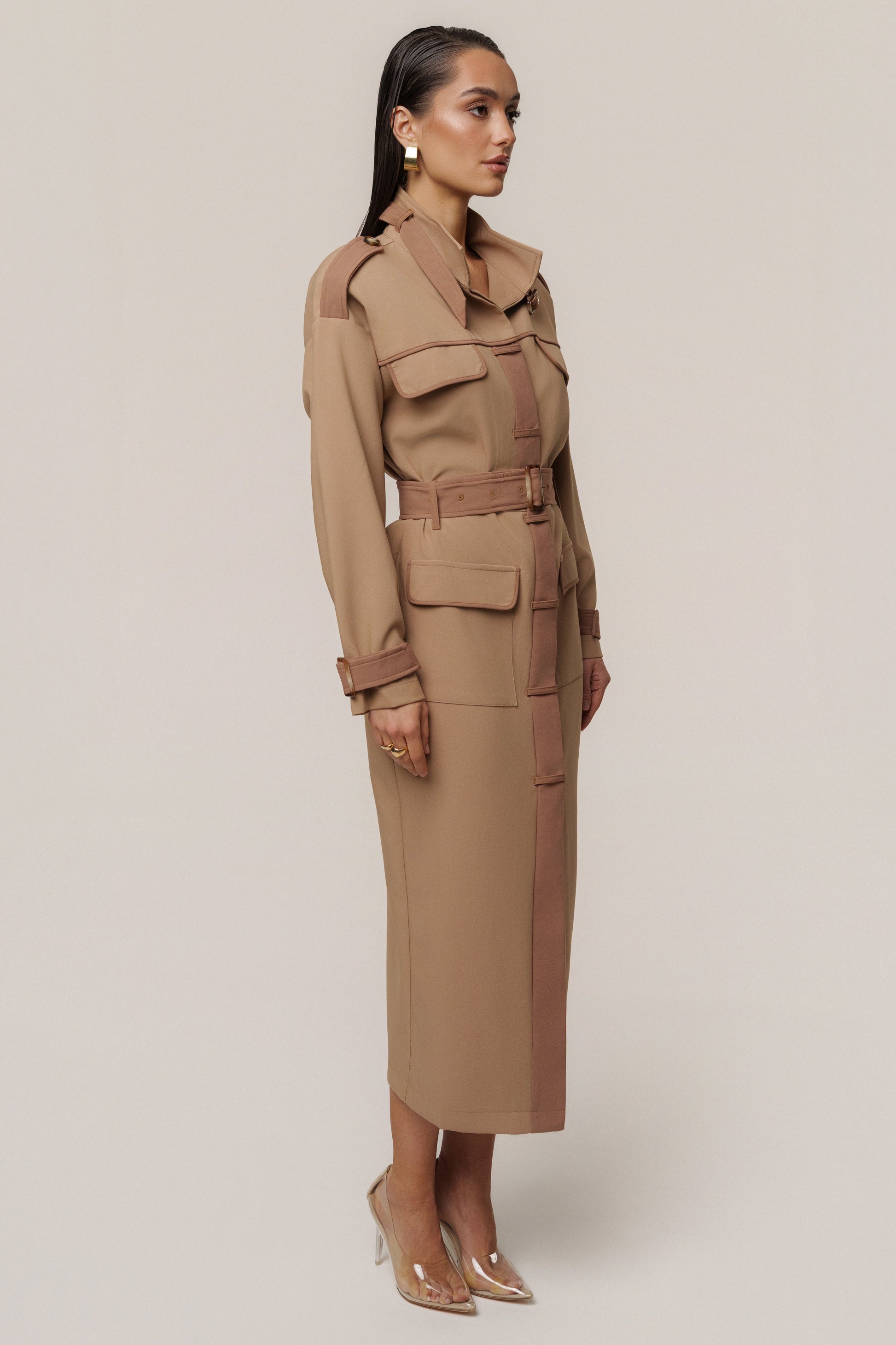 Beige Icon Belted Midi Dress JLUXLABEL