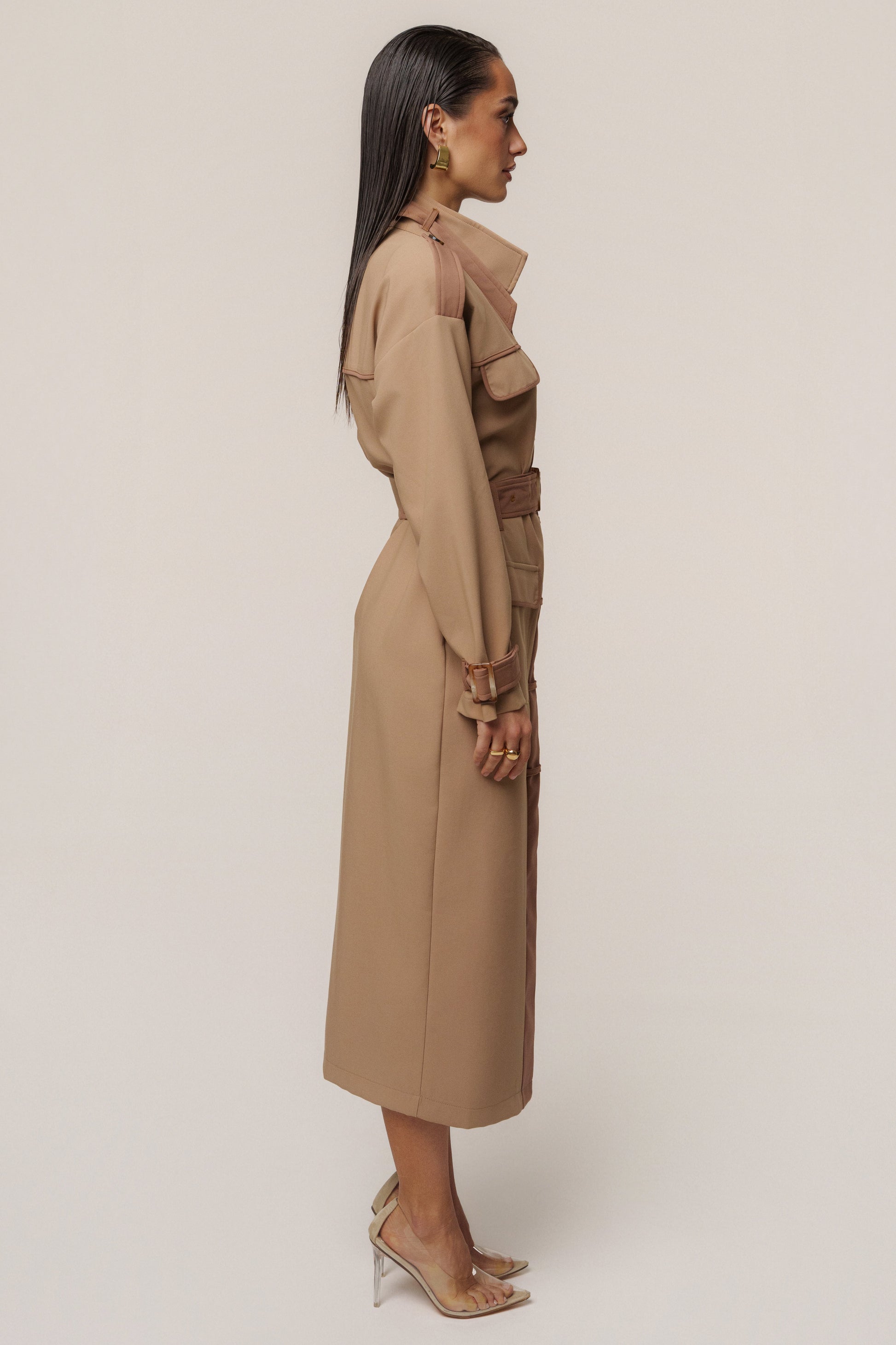 Beige Icon Belted Midi Dress JLUXLABEL