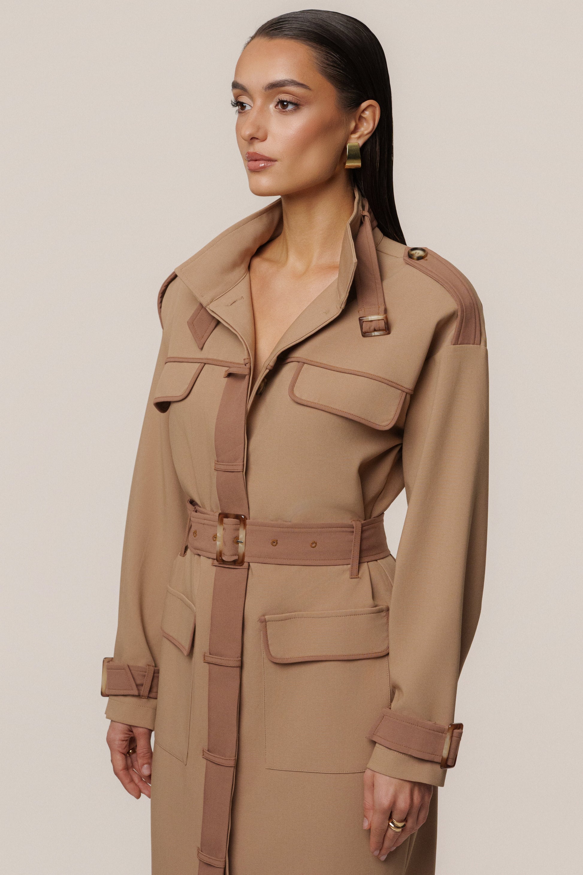Beige Icon Belted Midi Dress JLUXLABEL