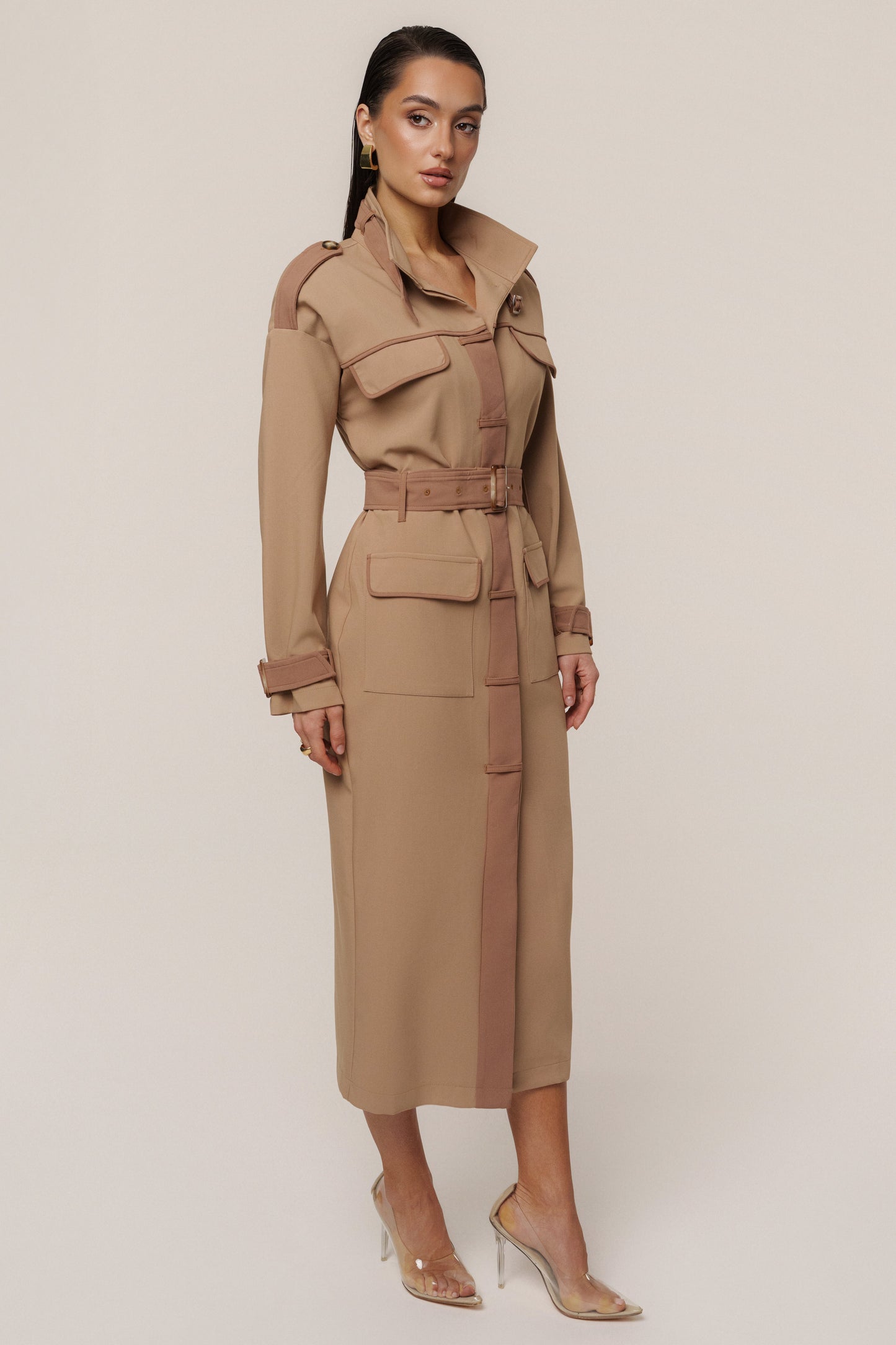 Beige Icon Belted Midi Dress JLUXLABEL