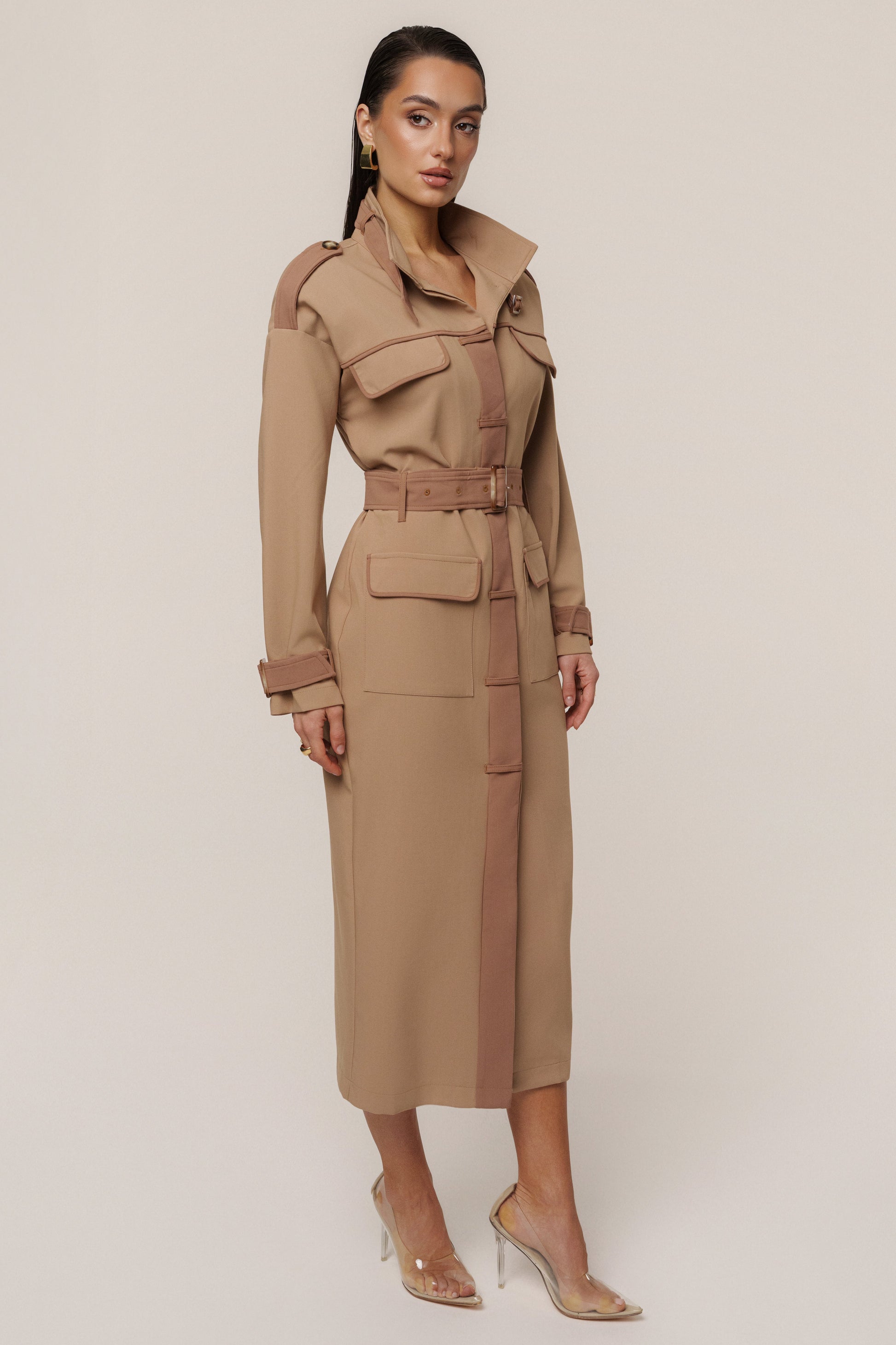 Beige Icon Belted Midi Dress JLUXLABEL