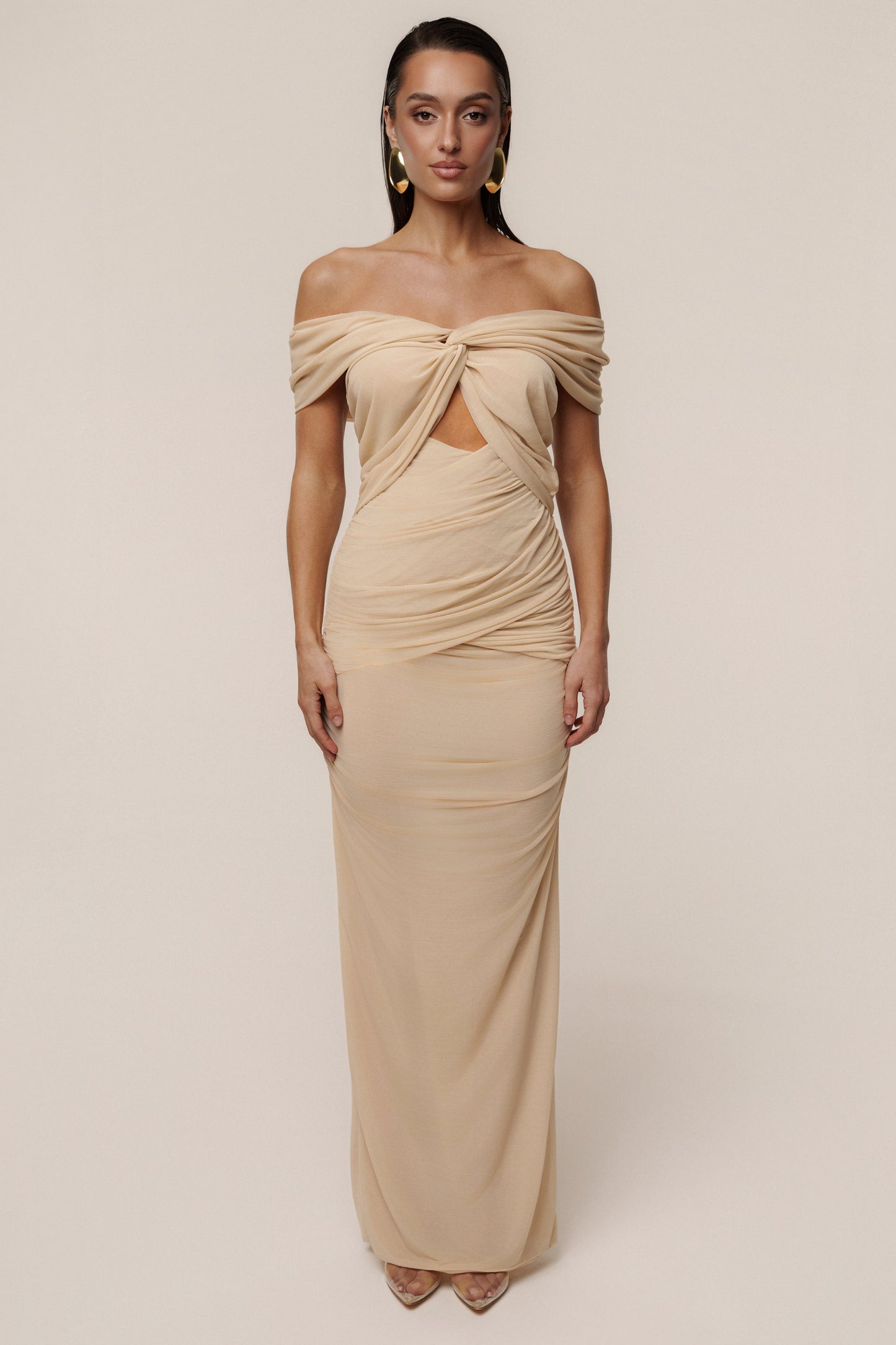 Ivory Alessandra Off Shoulder Maxi Dress JLUXLABEL